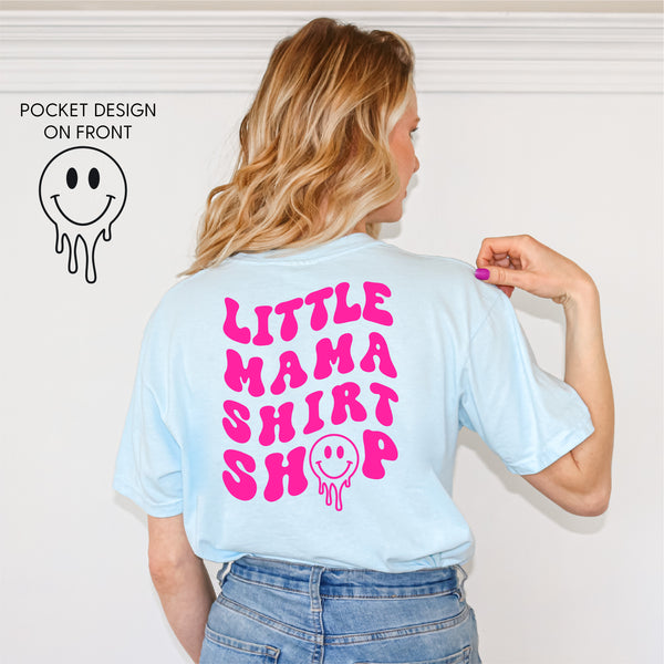 Little Mama Shirt Shop® MELTY Logo w/ Smiley Pocket - SHORT SLEEVE COMFORT COLORS TEE