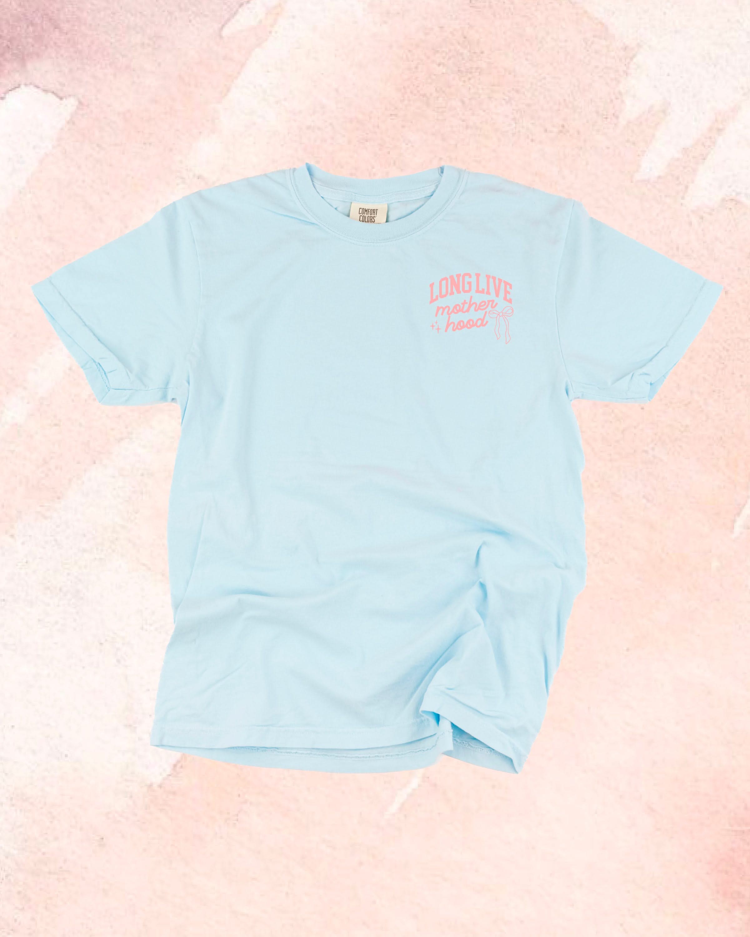Adult tee in chambray with "long live" design on front chest, shown on flat lay - Little Mama Shirt Shop