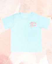Child tee in chambray with "long live" design on front chest, shown on flat lay - Little Mama Shirt Shop