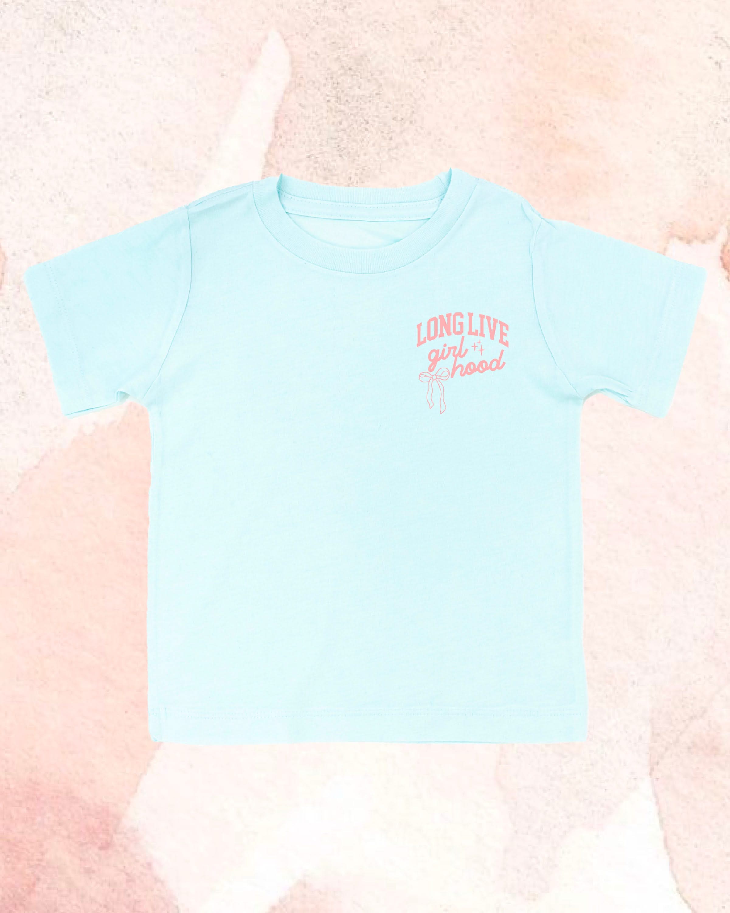 Child tee in chambray with "long live" design on front chest, shown on flat lay - Little Mama Shirt Shop
