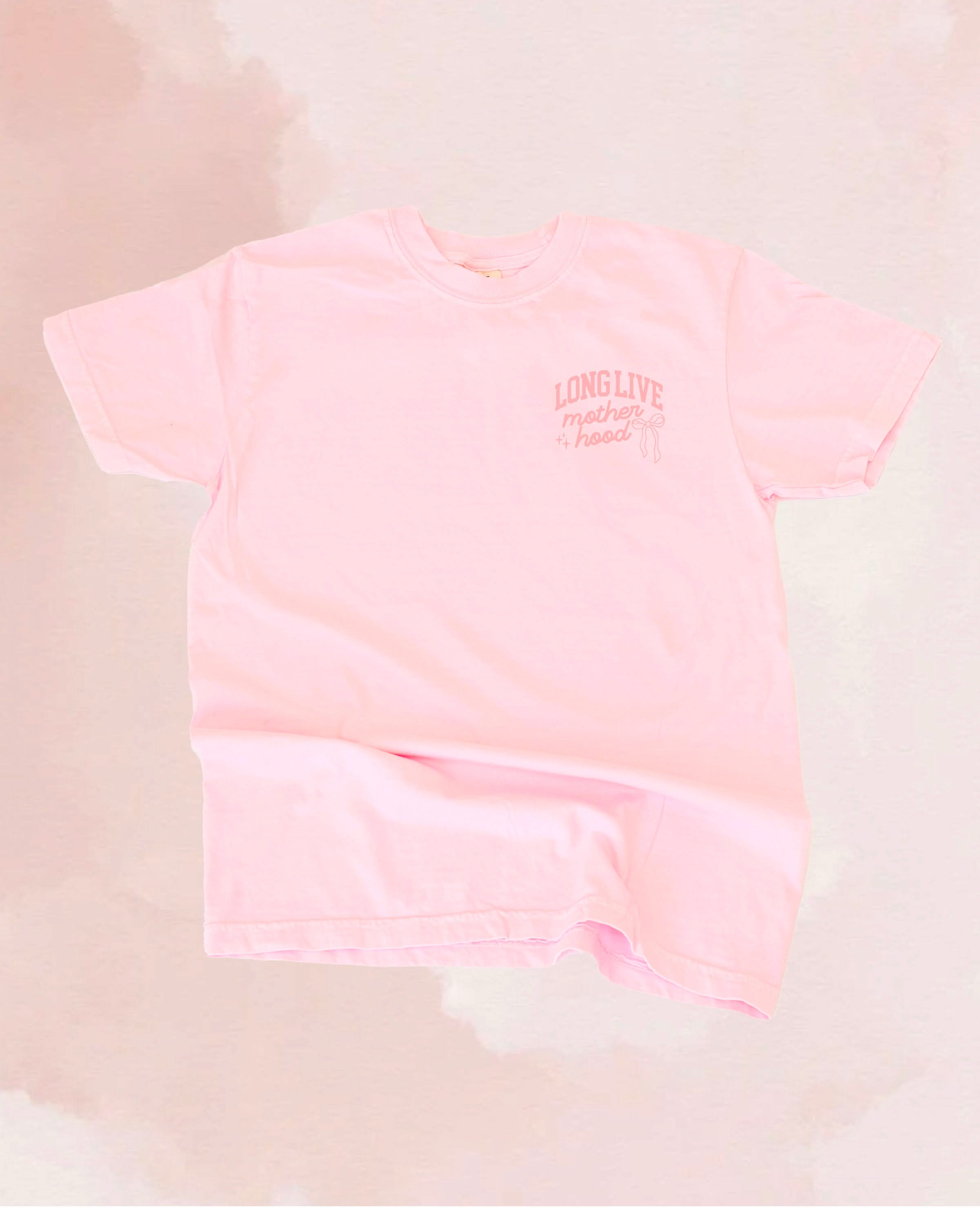 Adult tee in blossom with "long live" design on front chest, shown on flat lay - Little Mama Shirt Shop