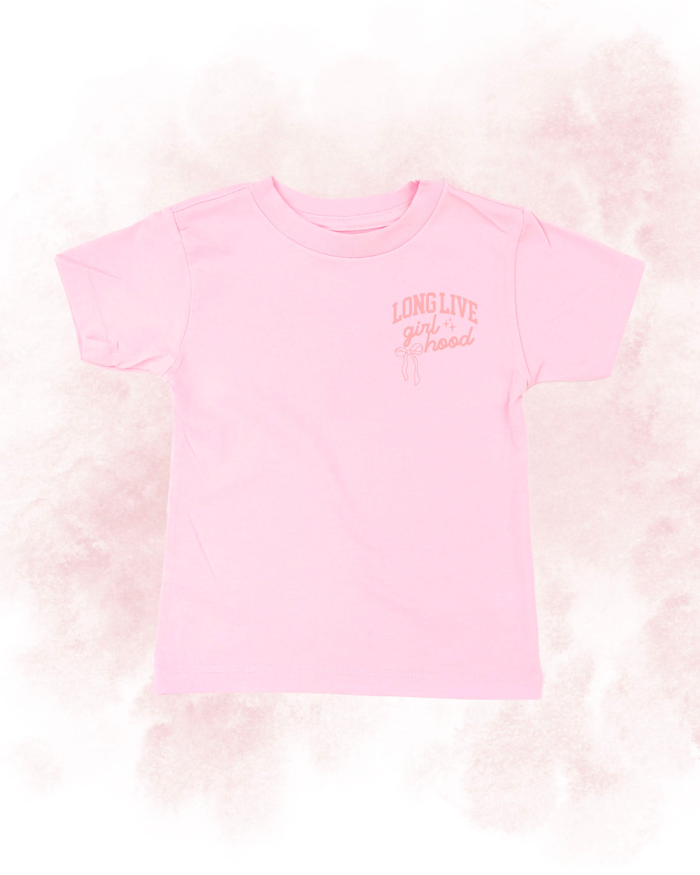 Child tee in blossom with "long live" design on front chest, shown on flat lay - Little Mama Shirt Shop