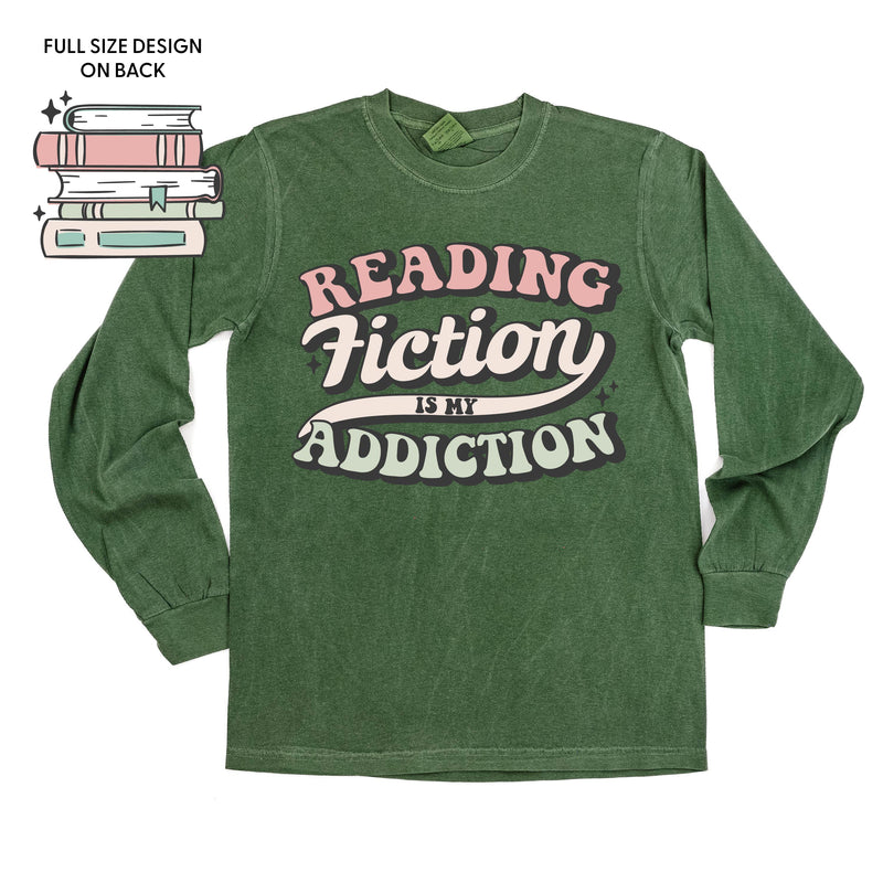 Reading Fiction is My Addiction on Front w/ Books on Back - LONG SLEEVE COMFORT COLORS TEE