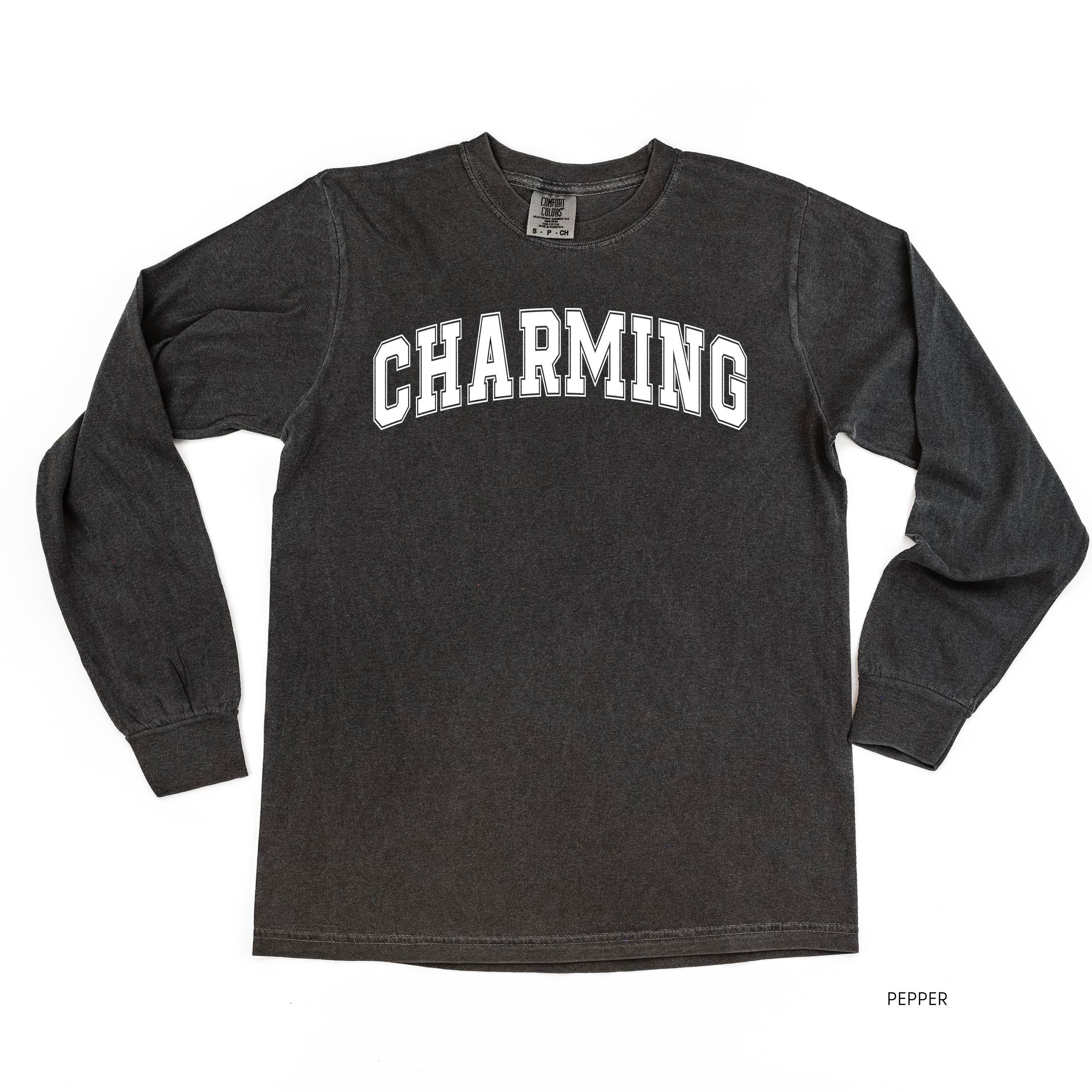 Charming - Varsity Outline - Long Sleeve Comfort Colors Tee Little Mama Shirt Shop