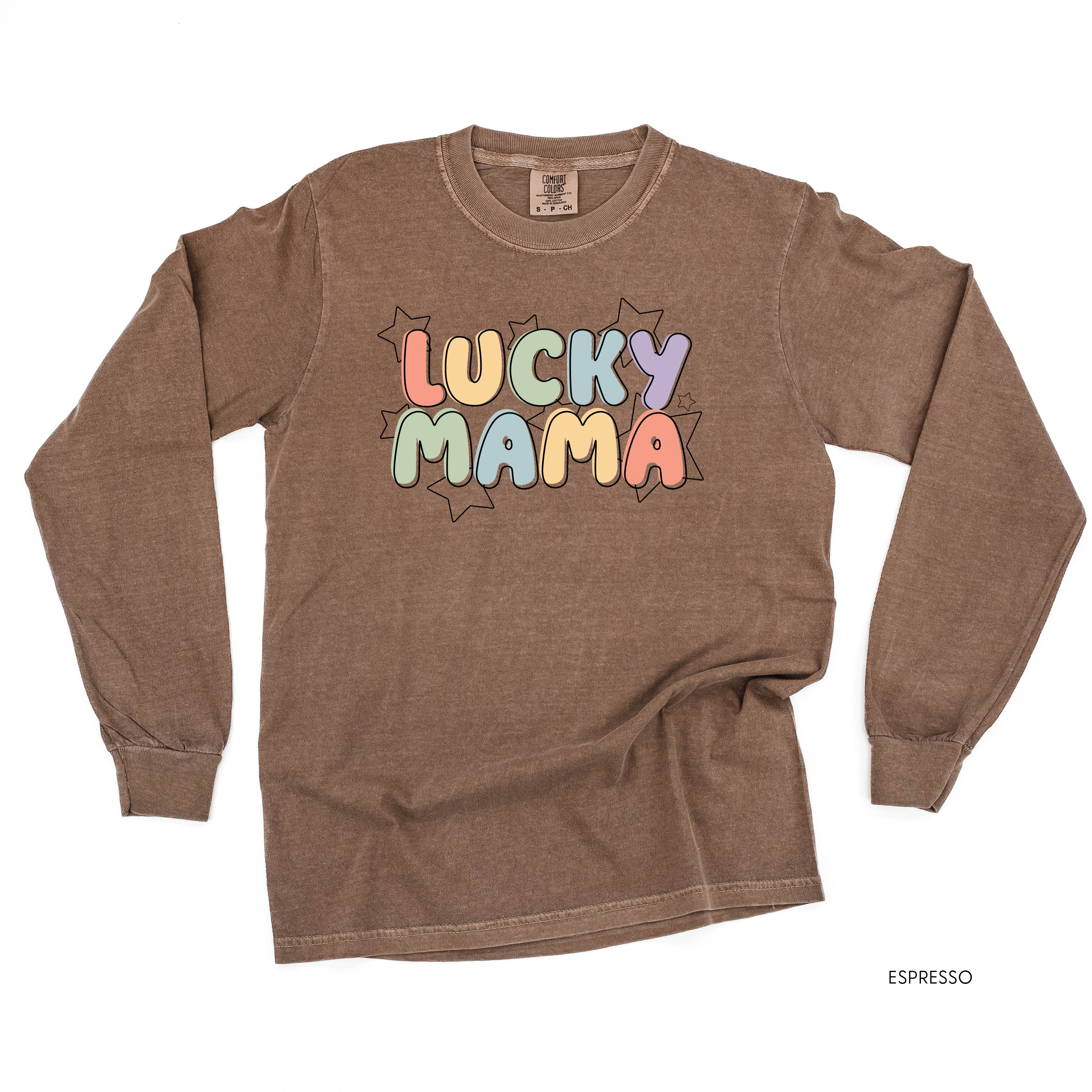 Bubble Letters & Stars Lucky Mama - Long Sleeve Comfort Colors Tee Little Mama Shirt Shop