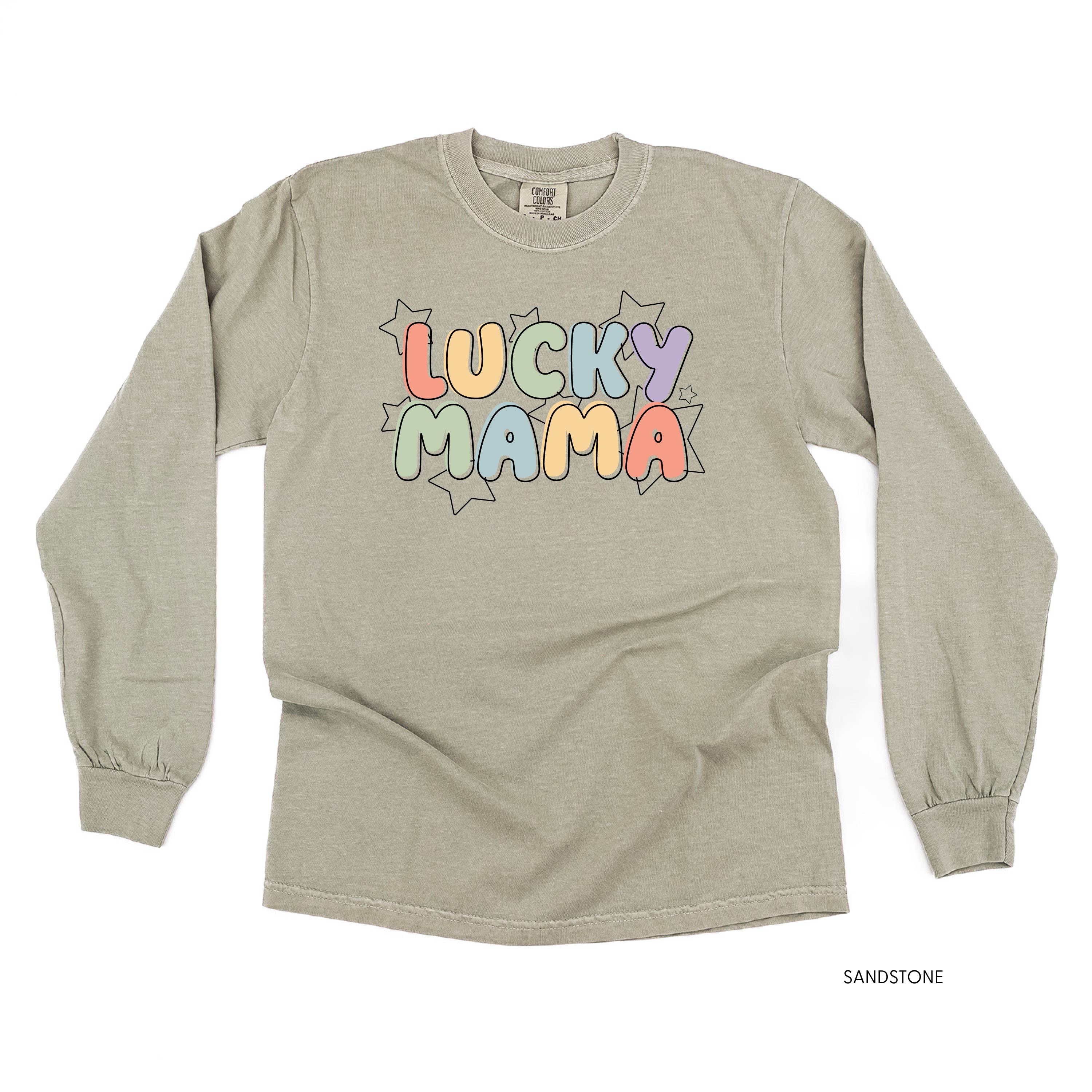Bubble Letters & Stars Lucky Mama - Long Sleeve Comfort Colors Tee Little Mama Shirt Shop