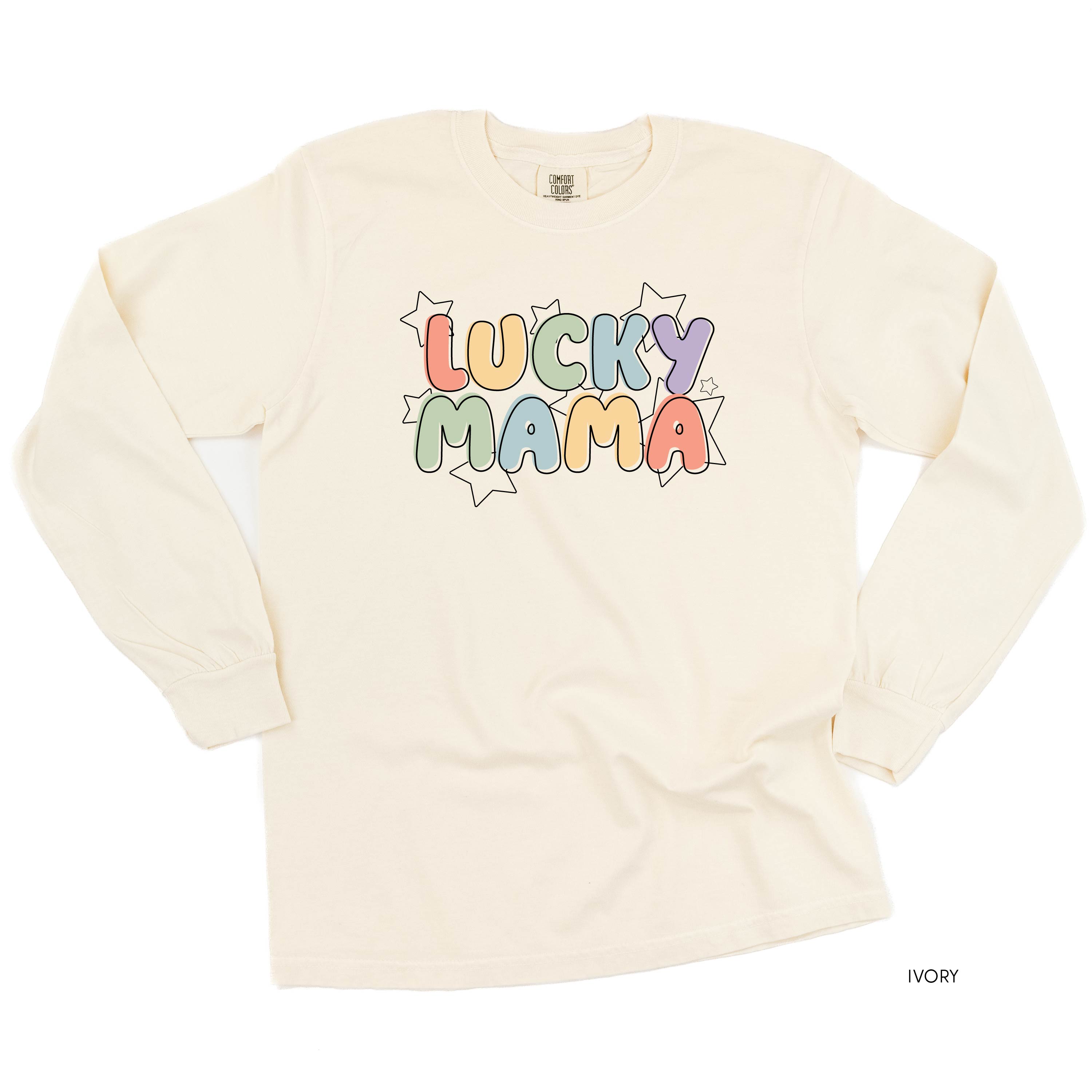 Bubble Letters & Stars Lucky Mama - Long Sleeve Comfort Colors Tee Little Mama Shirt Shop