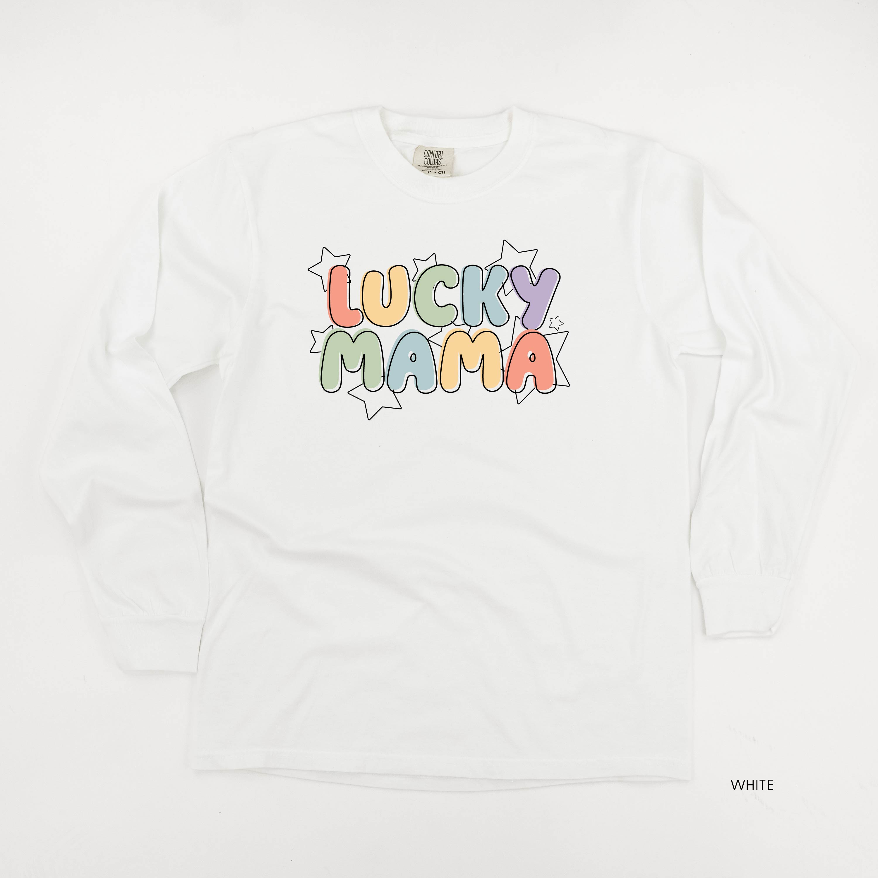 Bubble Letters & Stars Lucky Mama - Long Sleeve Comfort Colors Tee Little Mama Shirt Shop