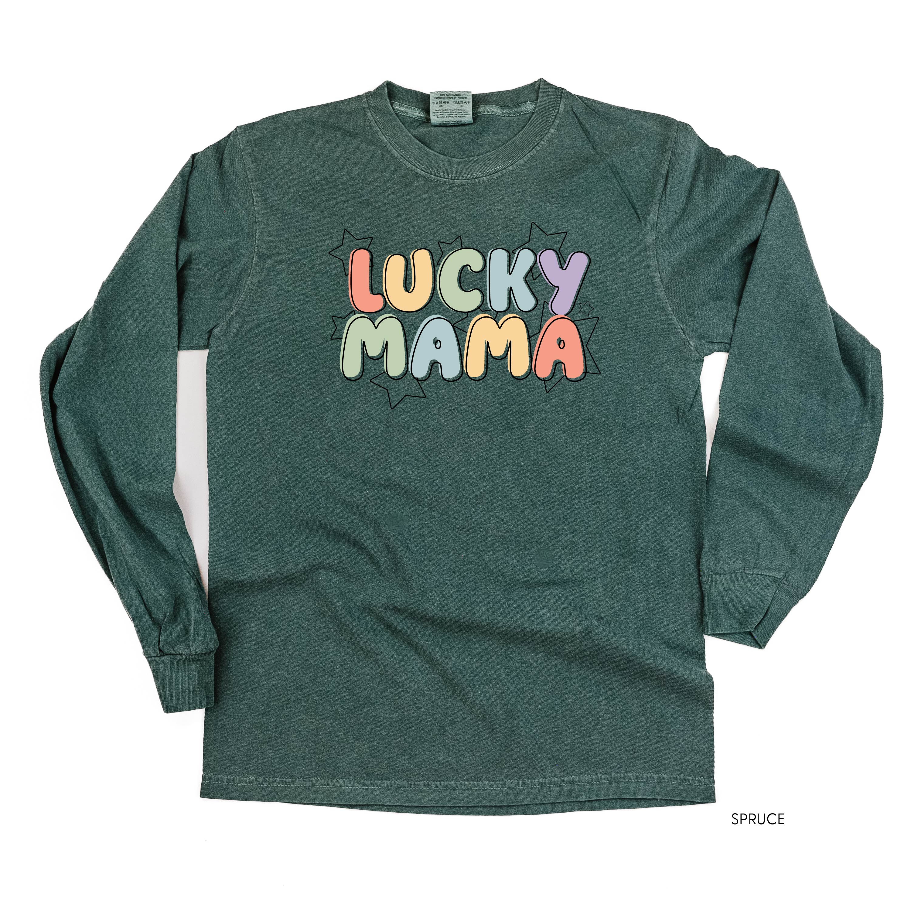 Bubble Letters & Stars Lucky Mama - Long Sleeve Comfort Colors Tee Little Mama Shirt Shop