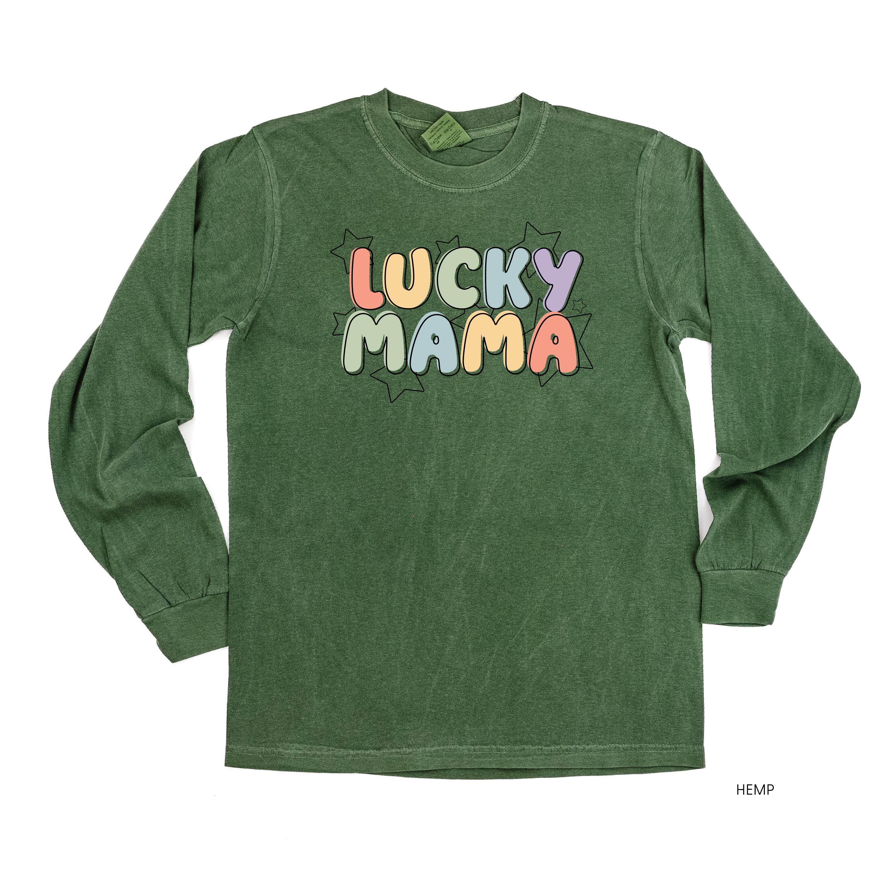 Bubble Letters & Stars Lucky Mama - Long Sleeve Comfort Colors Tee Little Mama Shirt Shop