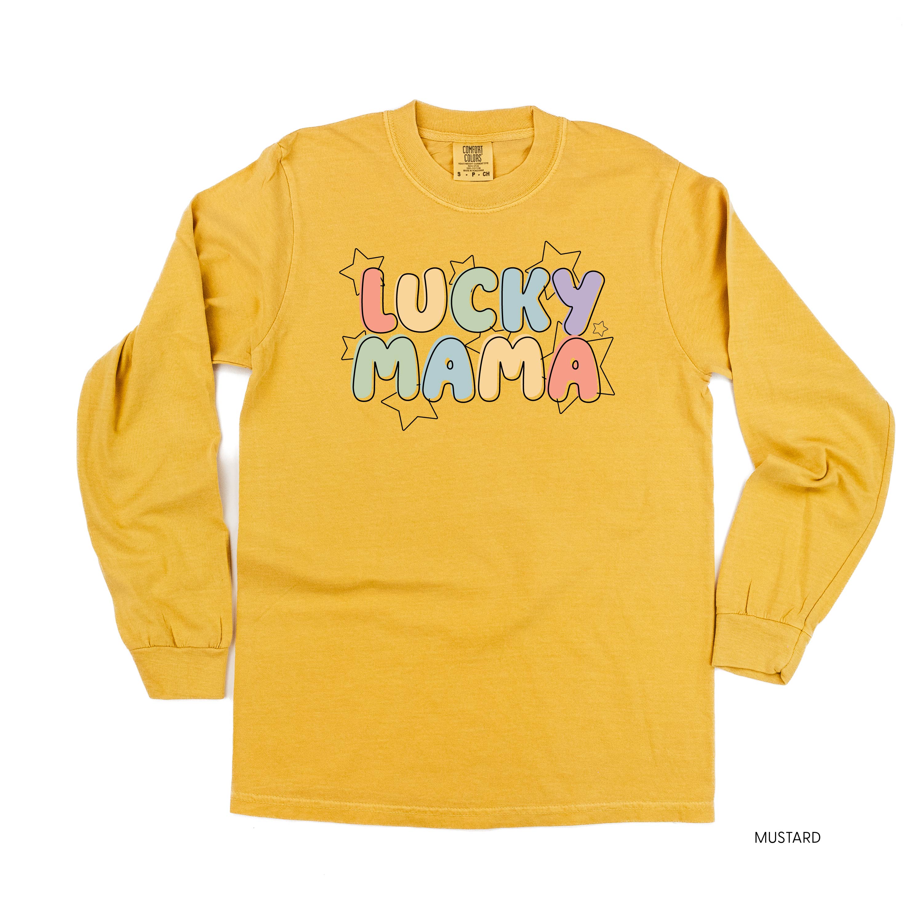 Bubble Letters & Stars Lucky Mama - Long Sleeve Comfort Colors Tee Little Mama Shirt Shop