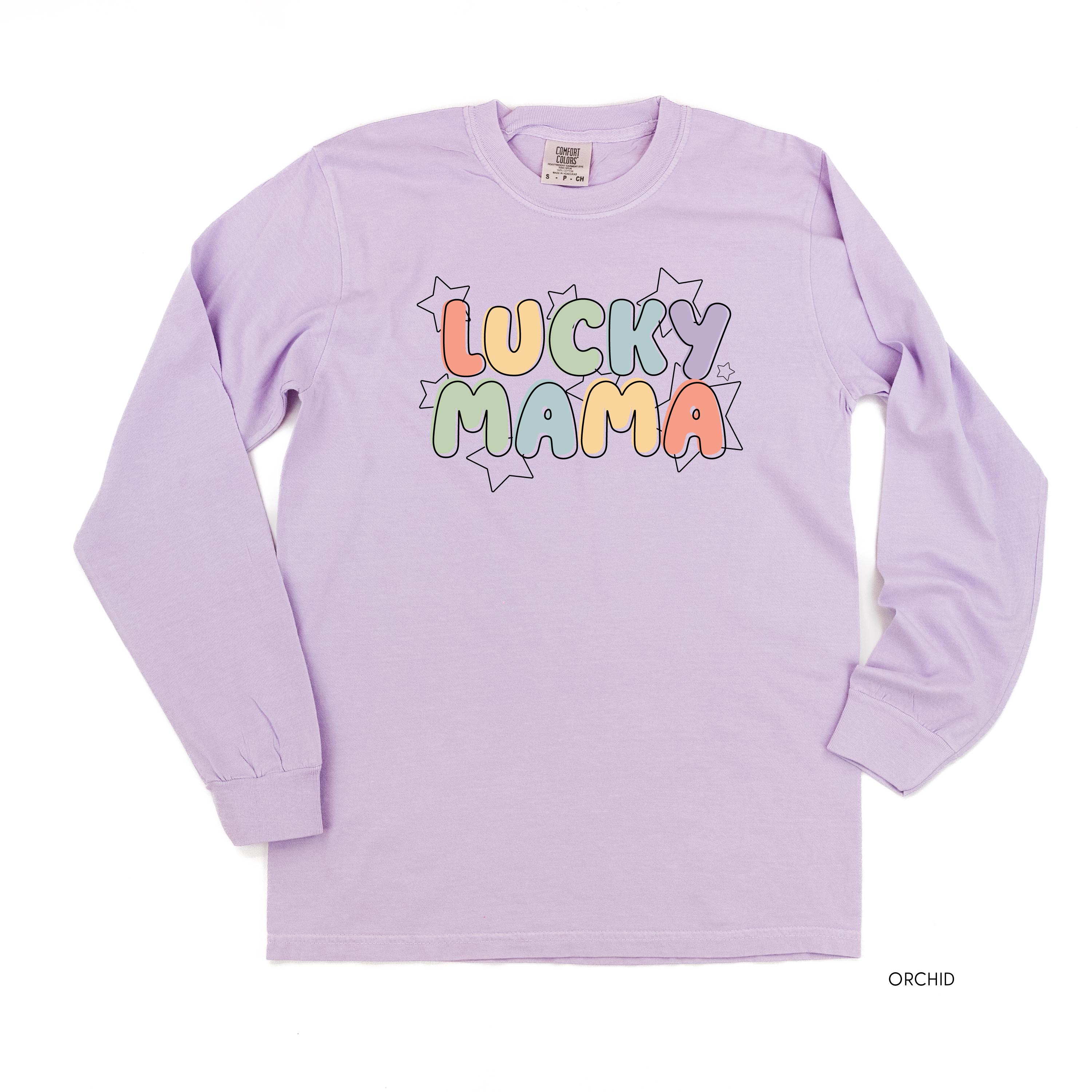 Bubble Letters & Stars Lucky Mama - Long Sleeve Comfort Colors Tee Little Mama Shirt Shop
