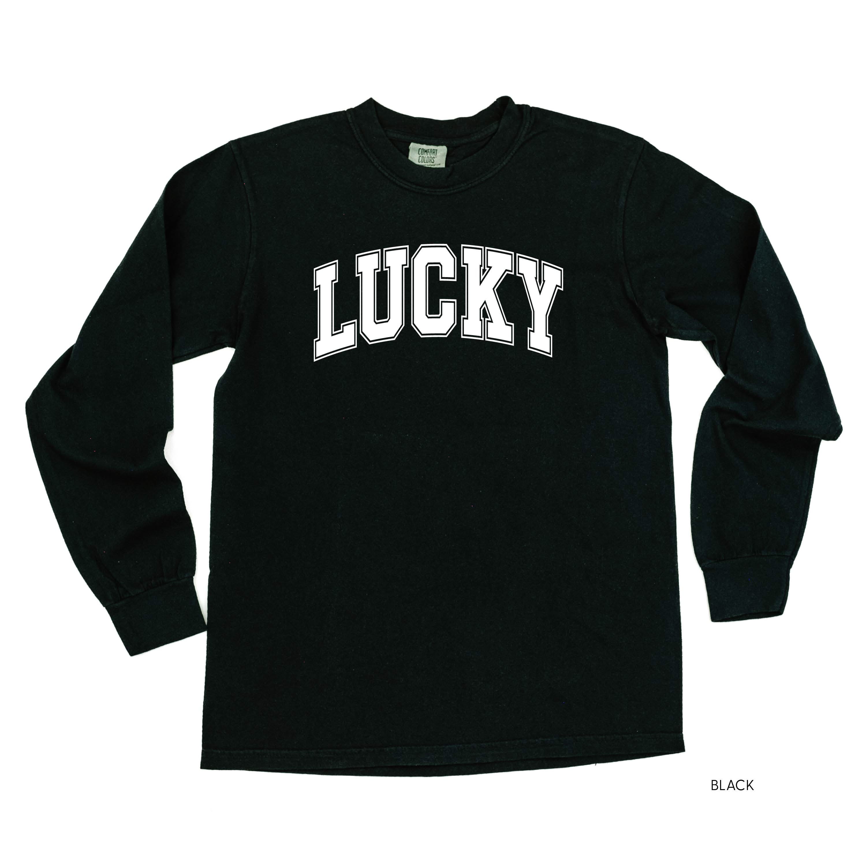 Lucky - Varsity Outline - Long Sleeve Comfort Colors Tee Little Mama Shirt Shop