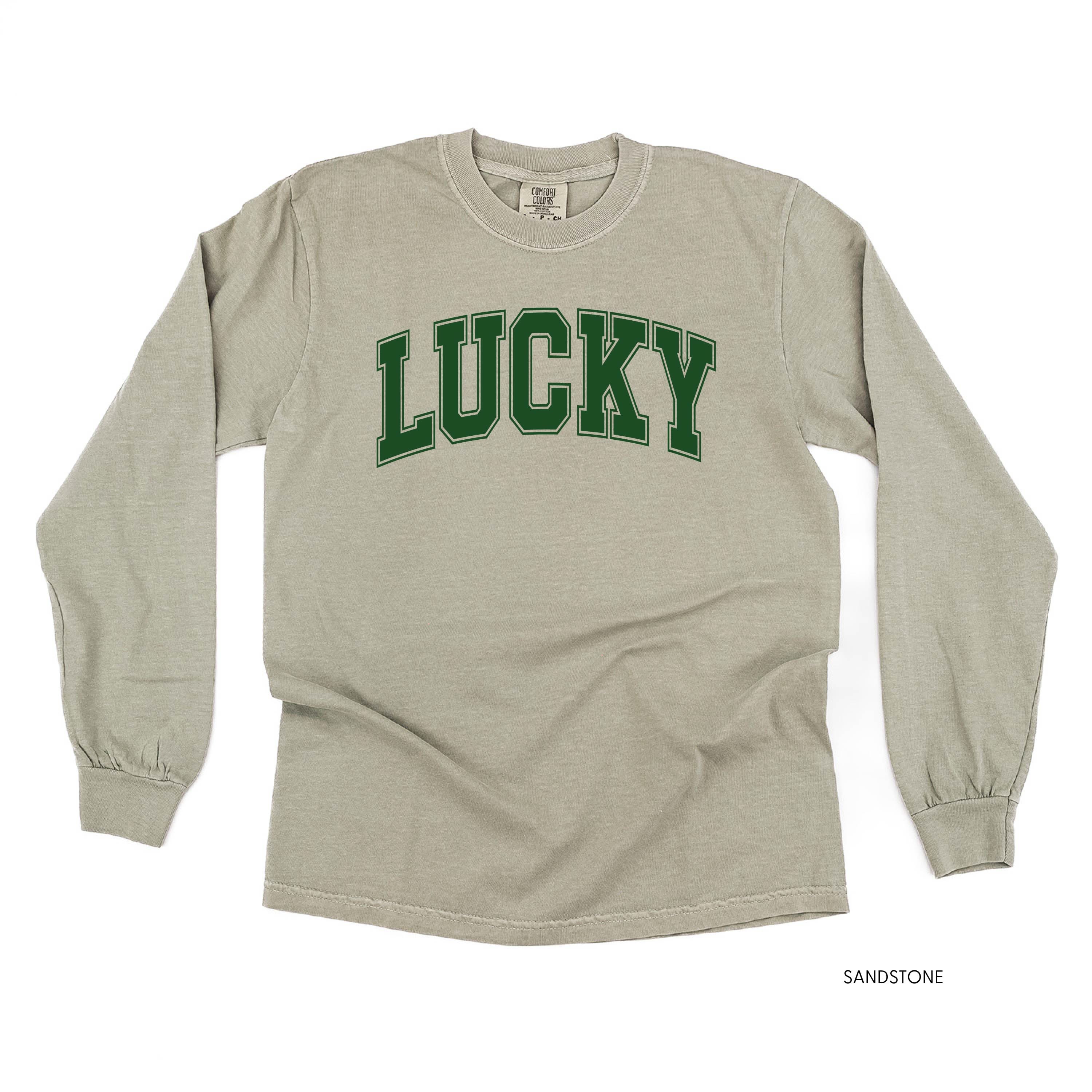Lucky - Varsity Outline - Long Sleeve Comfort Colors Tee Little Mama Shirt Shop