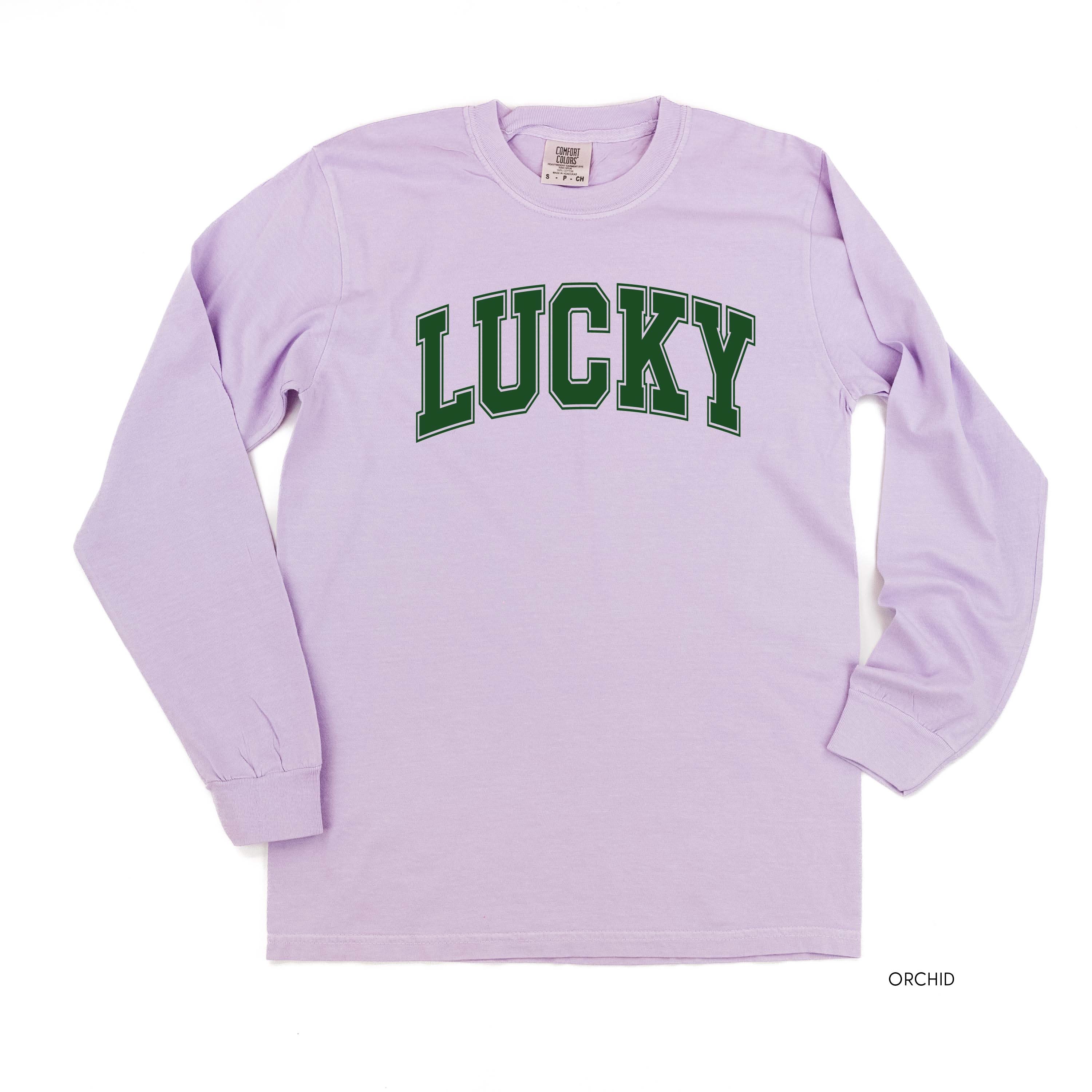 Lucky - Varsity Outline - Long Sleeve Comfort Colors Tee Little Mama Shirt Shop