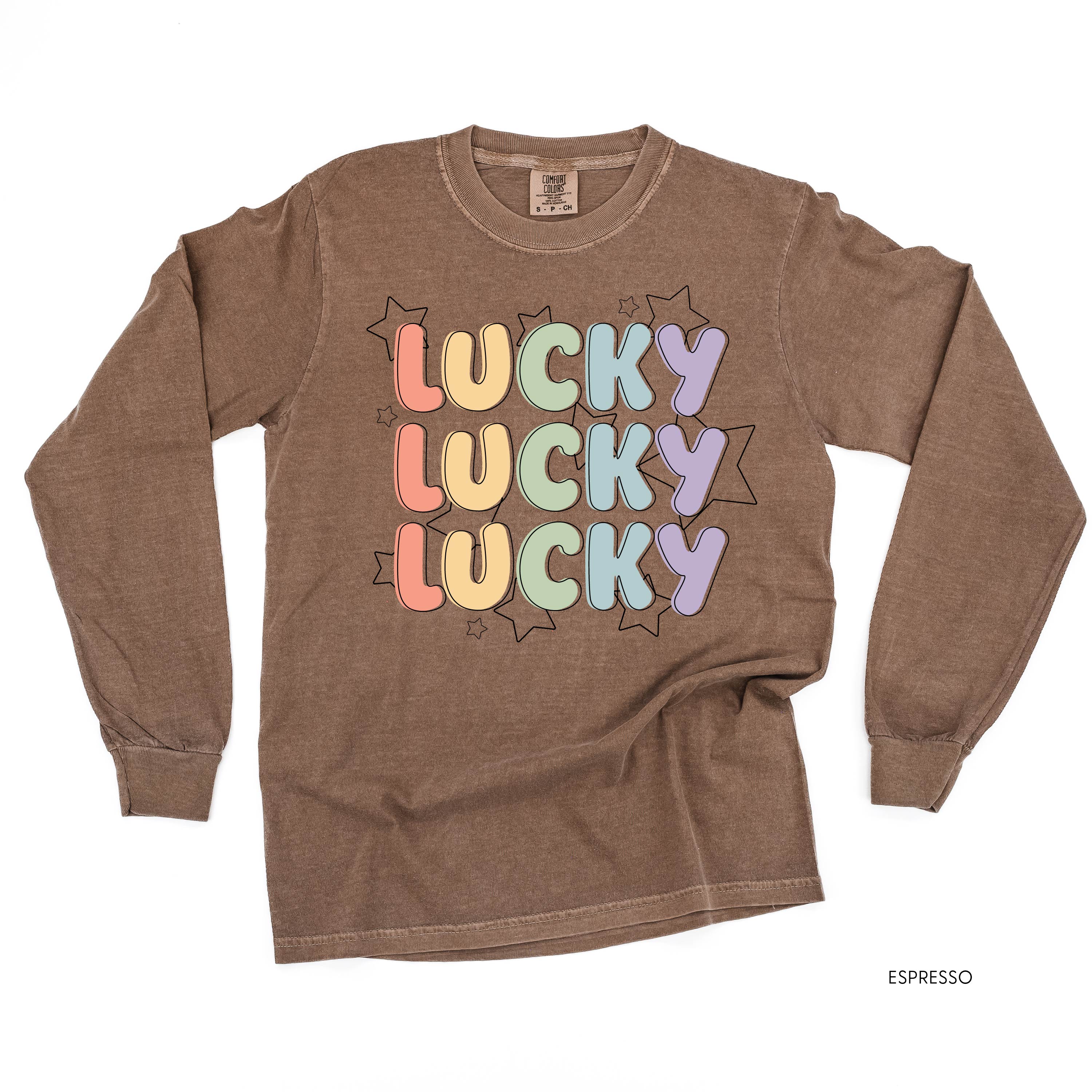 Bubble Letters & Stars Lucky x3 - Long Sleeve Comfort Colors Tee Little Mama Shirt Shop