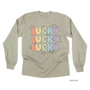 Bubble Letters & Stars Lucky x3 - Long Sleeve Comfort Colors Tee Little Mama Shirt Shop