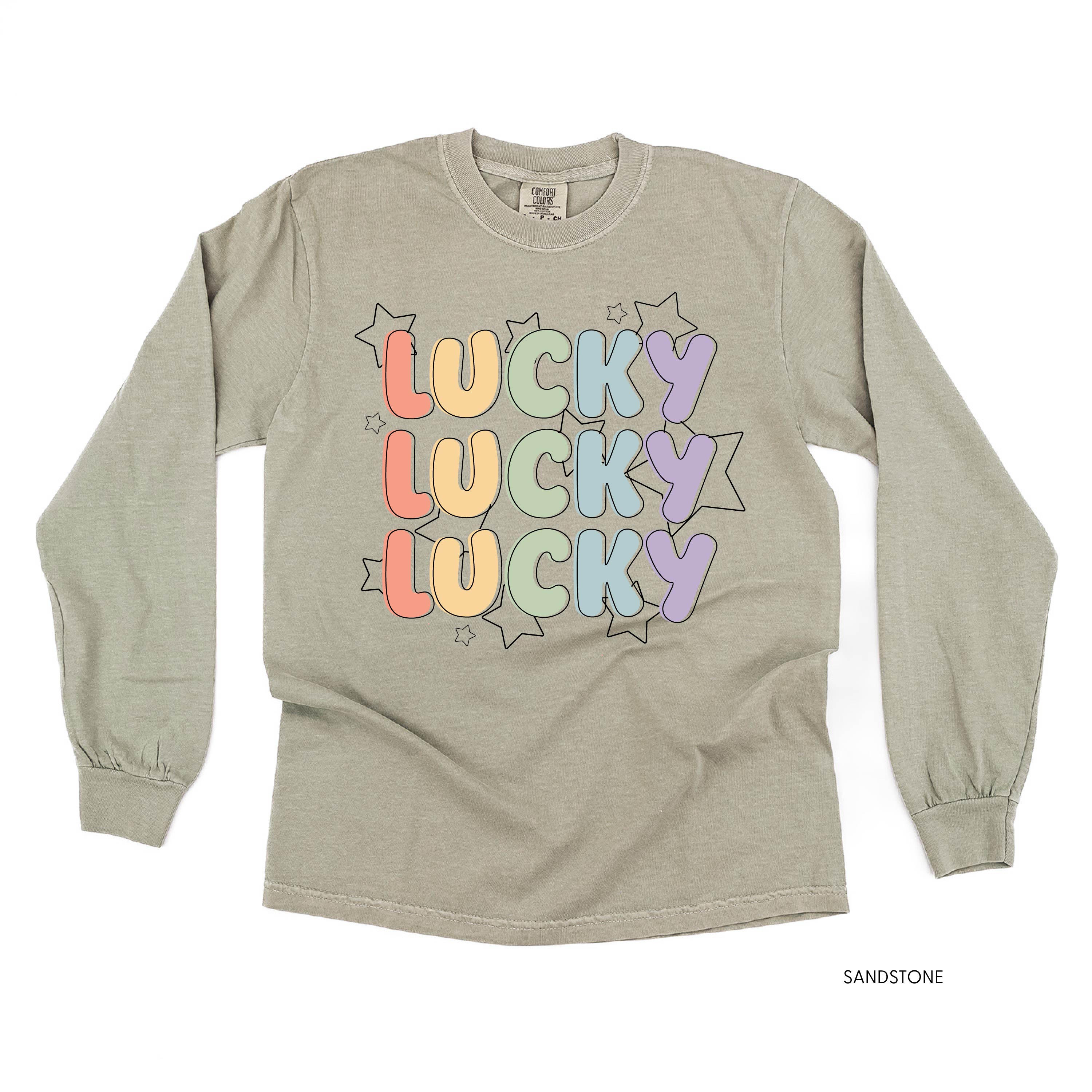 Bubble Letters & Stars Lucky x3 - Long Sleeve Comfort Colors Tee Little Mama Shirt Shop
