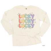 Bubble Letters & Stars Lucky x3 - Long Sleeve Comfort Colors Tee Little Mama Shirt Shop