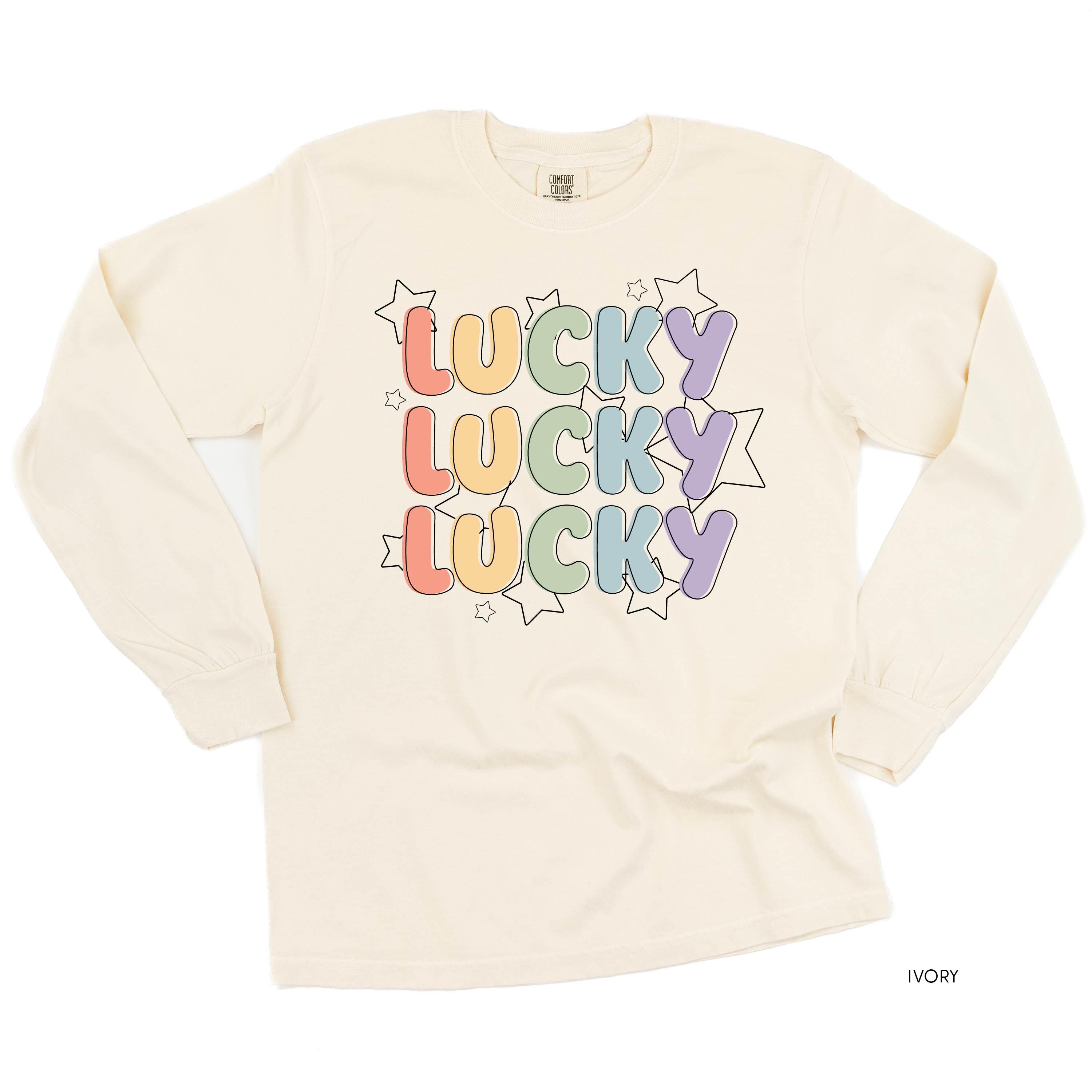 Bubble Letters & Stars Lucky x3 - Long Sleeve Comfort Colors Tee Little Mama Shirt Shop