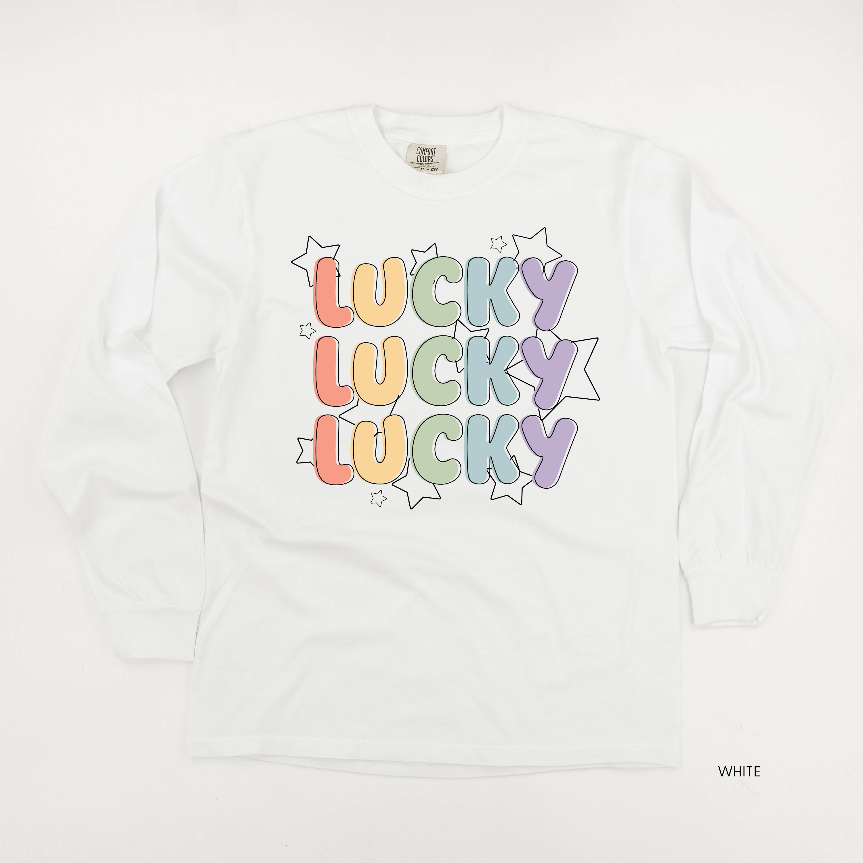 Bubble Letters & Stars Lucky x3 - Long Sleeve Comfort Colors Tee Little Mama Shirt Shop