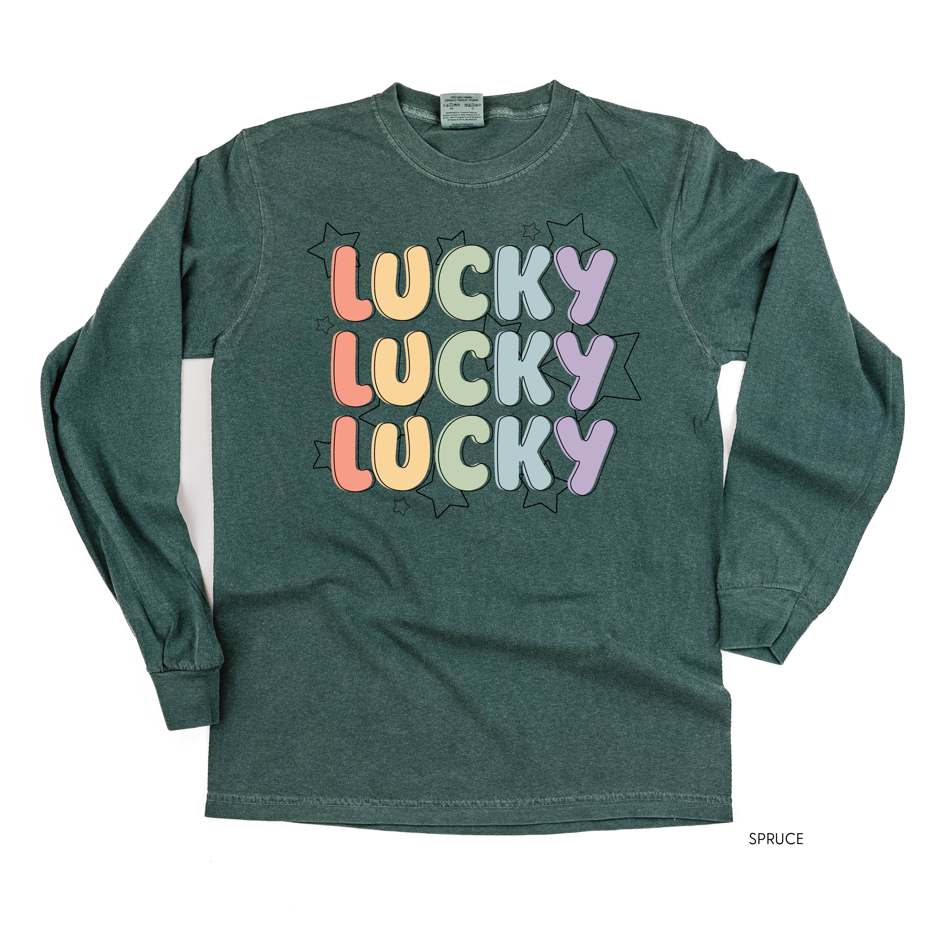 Bubble Letters & Stars Lucky x3 - Long Sleeve Comfort Colors Tee Little Mama Shirt Shop