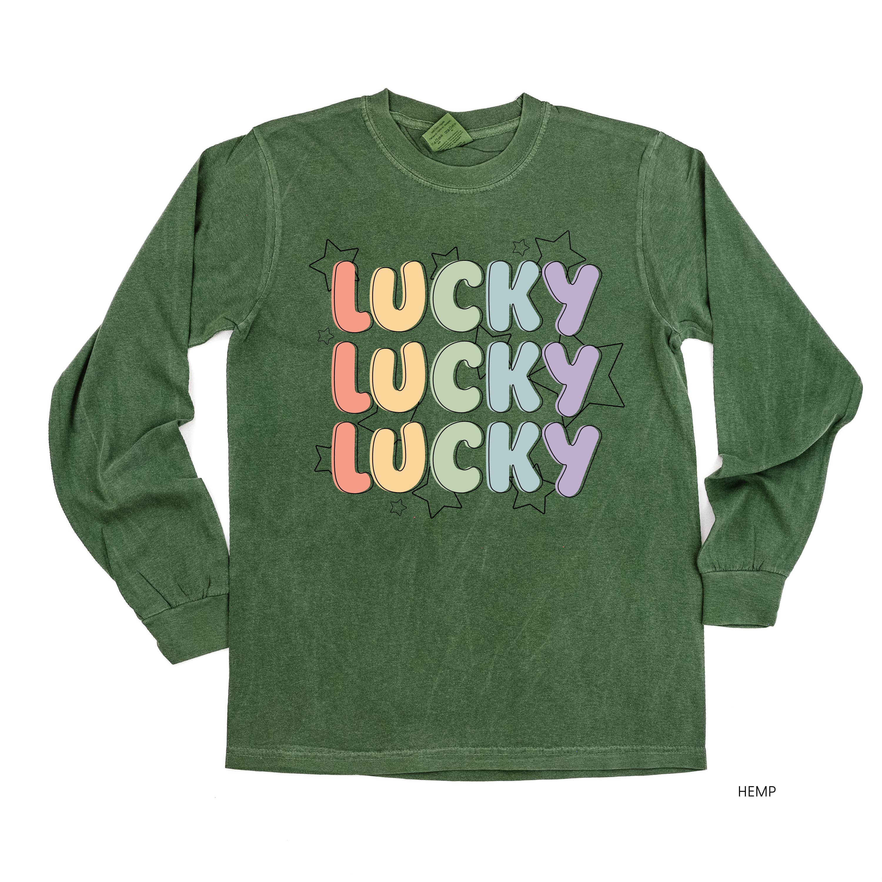 Bubble Letters & Stars Lucky x3 - Long Sleeve Comfort Colors Tee Little Mama Shirt Shop