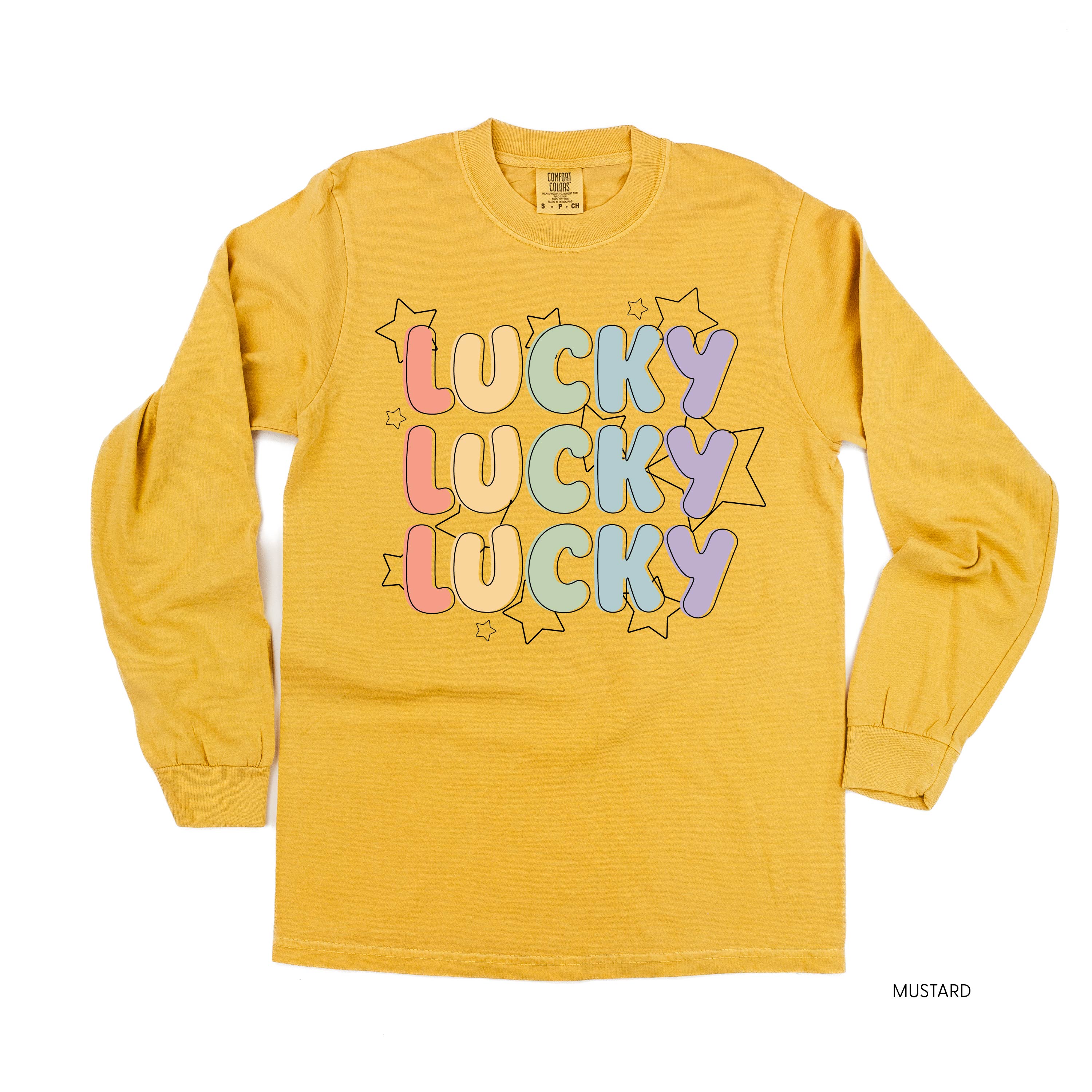 Bubble Letters & Stars Lucky x3 - Long Sleeve Comfort Colors Tee Little Mama Shirt Shop