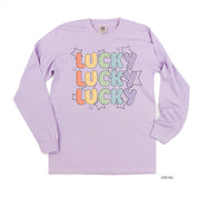 Bubble Letters & Stars Lucky x3 - Long Sleeve Comfort Colors Tee Little Mama Shirt Shop