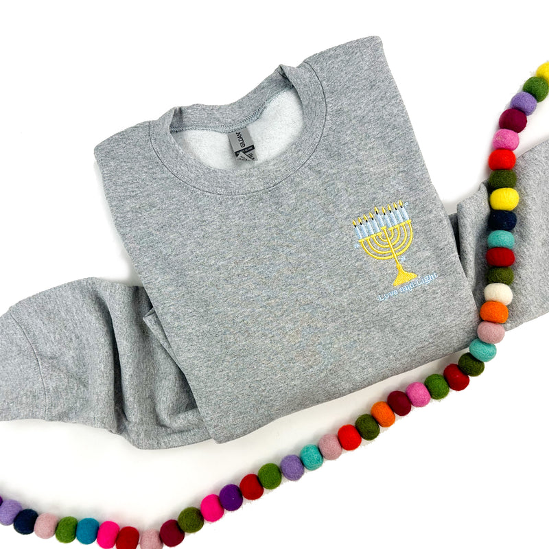 Embroidered BASIC Fleece - Gray - Love And Light (Hanukkah)