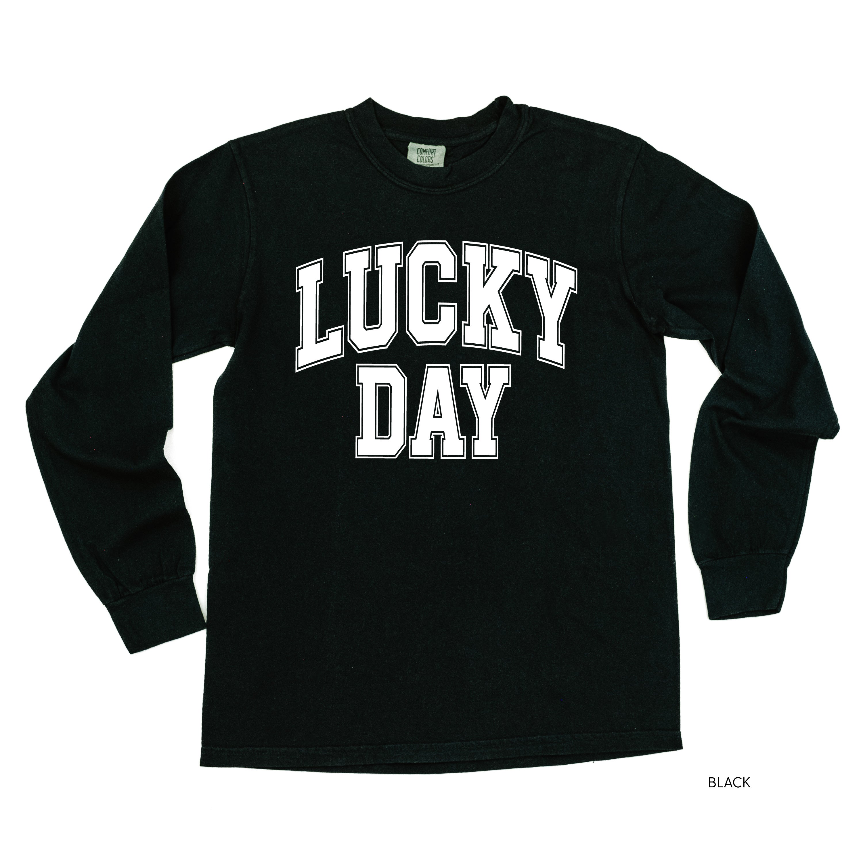 Lucky Day - Varsity Outline - LONG SLEEVE Comfort Colors Tee Little Mama Shirt Shop