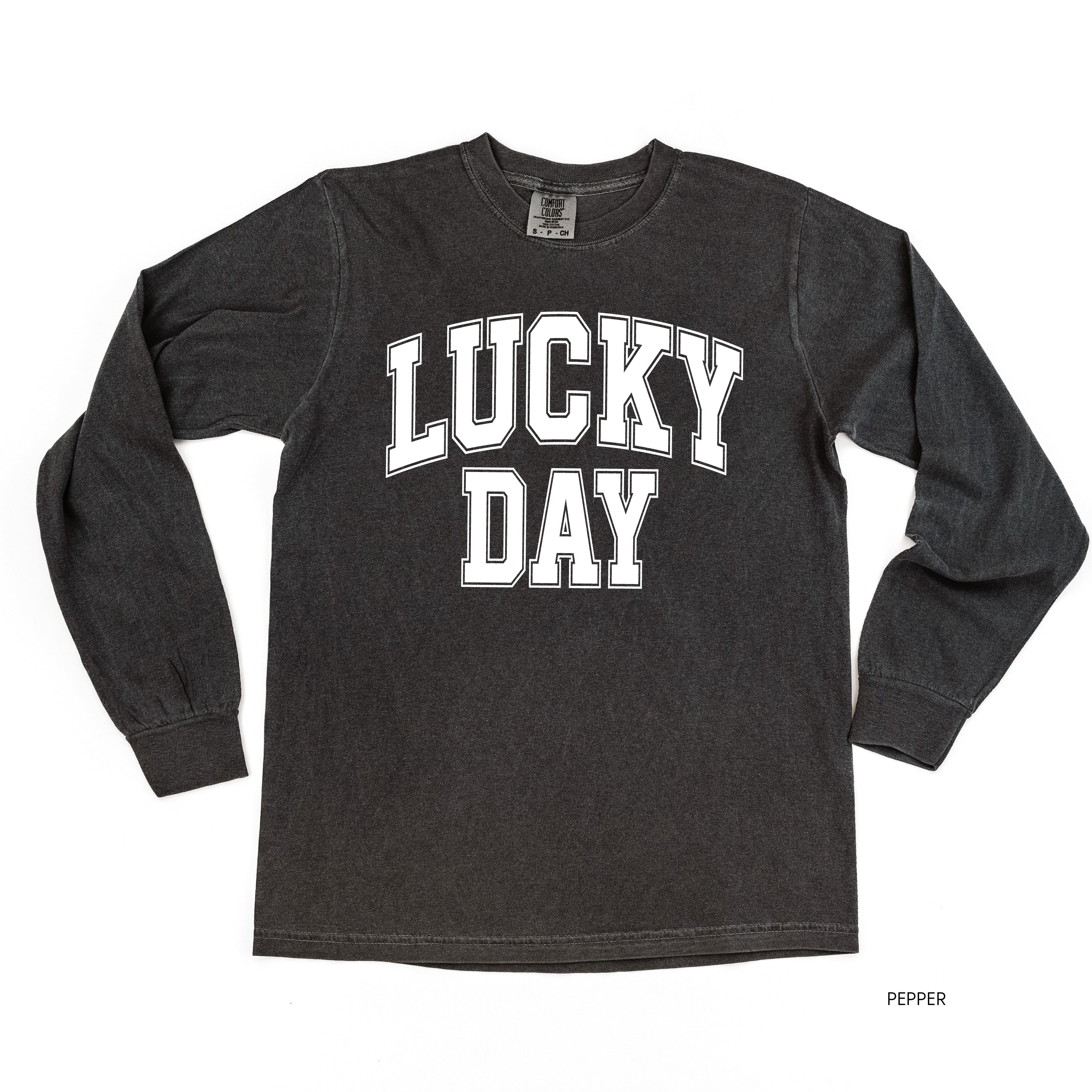 Lucky Day - Varsity Outline - LONG SLEEVE Comfort Colors Tee Little Mama Shirt Shop