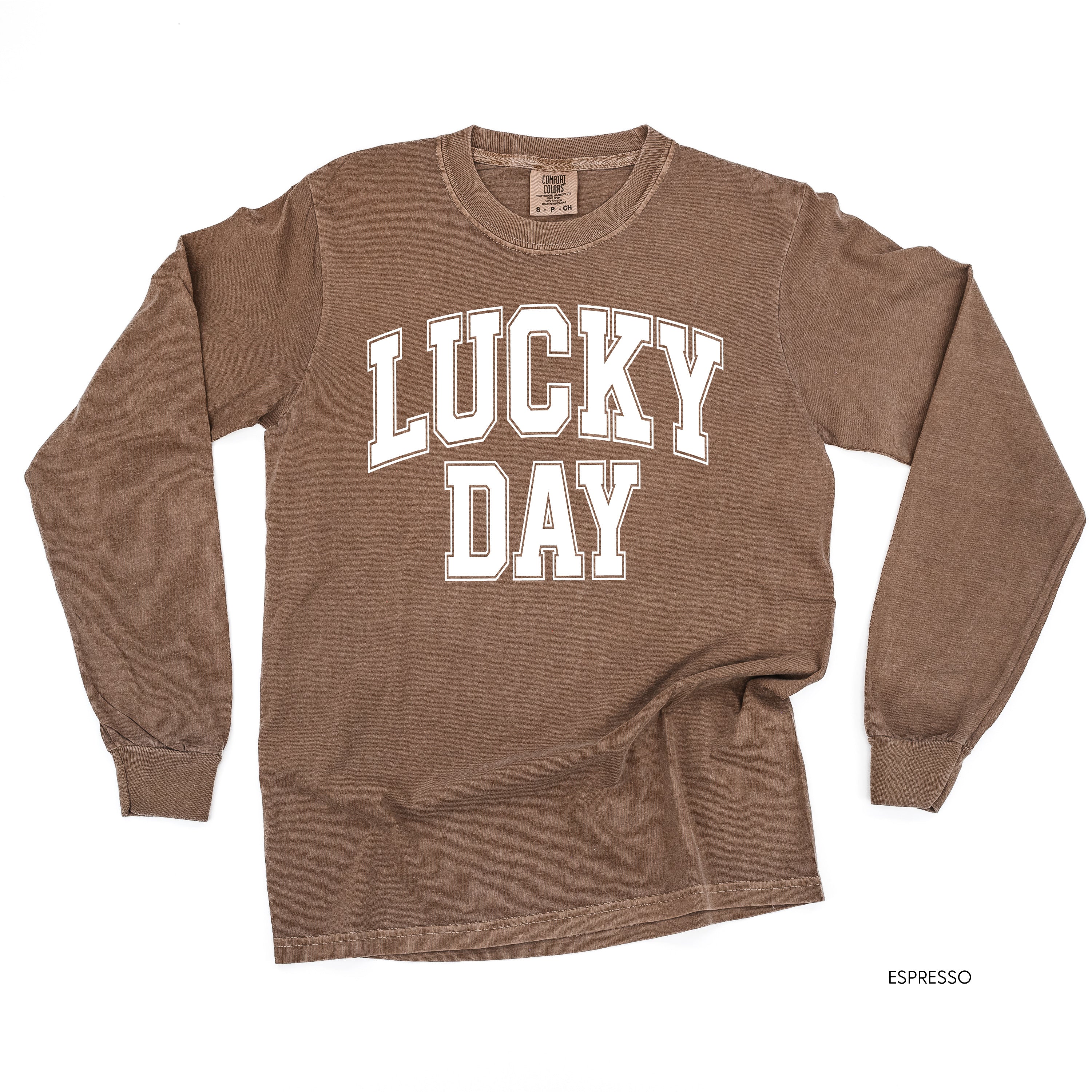 Lucky Day - Varsity Outline - LONG SLEEVE Comfort Colors Tee Little Mama Shirt Shop