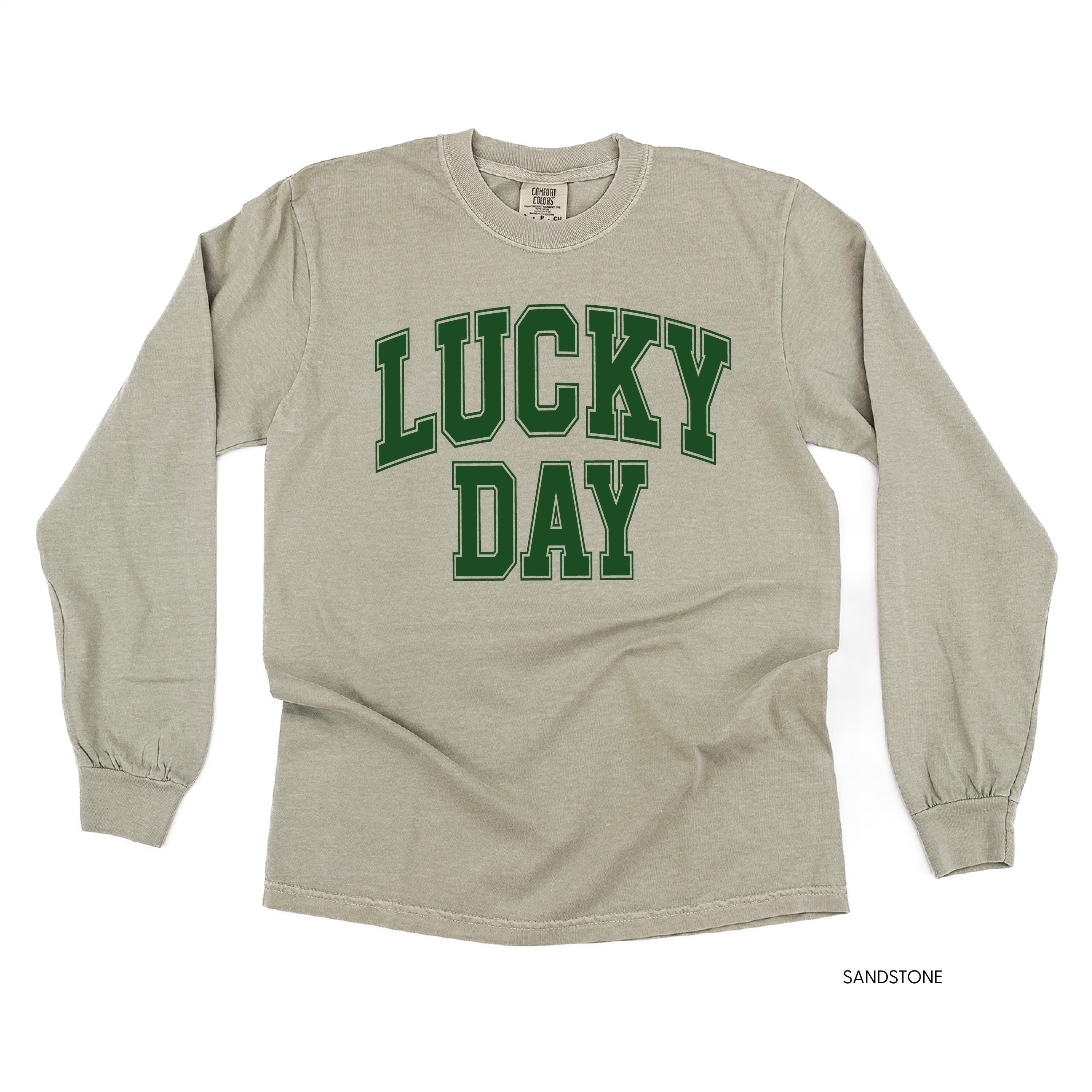 Lucky Day - Varsity Outline - LONG SLEEVE Comfort Colors Tee Little Mama Shirt Shop