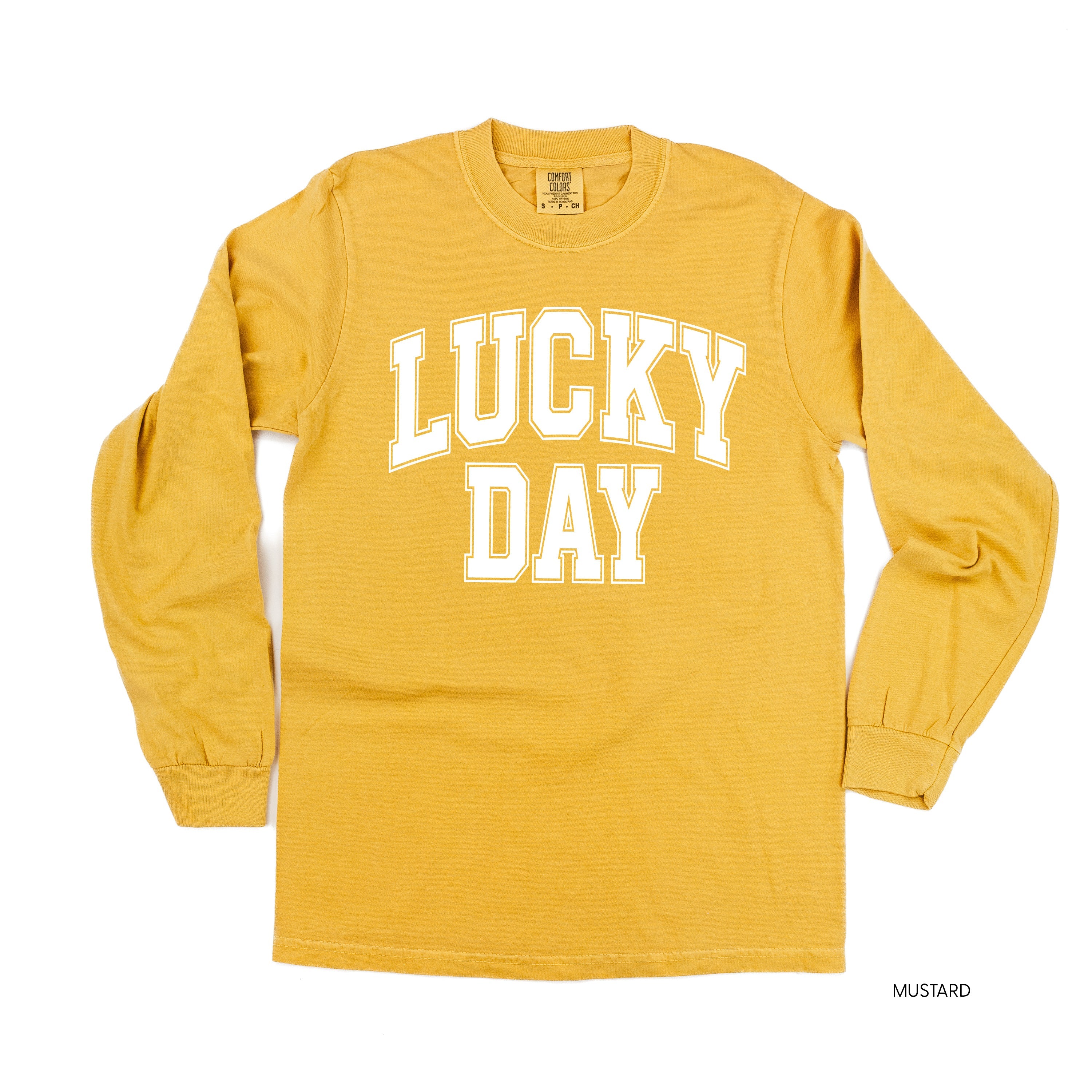 Lucky Day - Varsity Outline - LONG SLEEVE Comfort Colors Tee Little Mama Shirt Shop