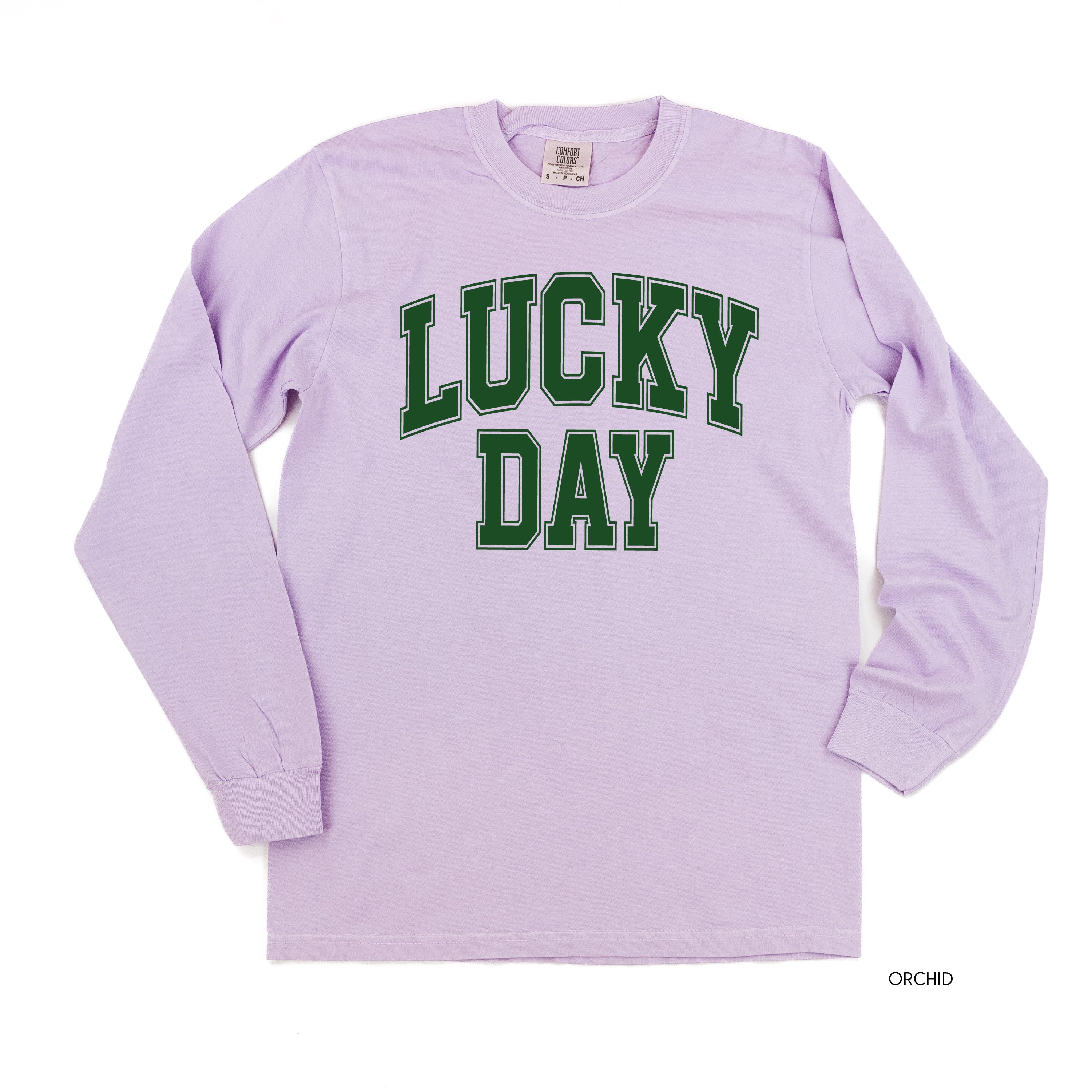 Lucky Day - Varsity Outline - LONG SLEEVE Comfort Colors Tee Little Mama Shirt Shop