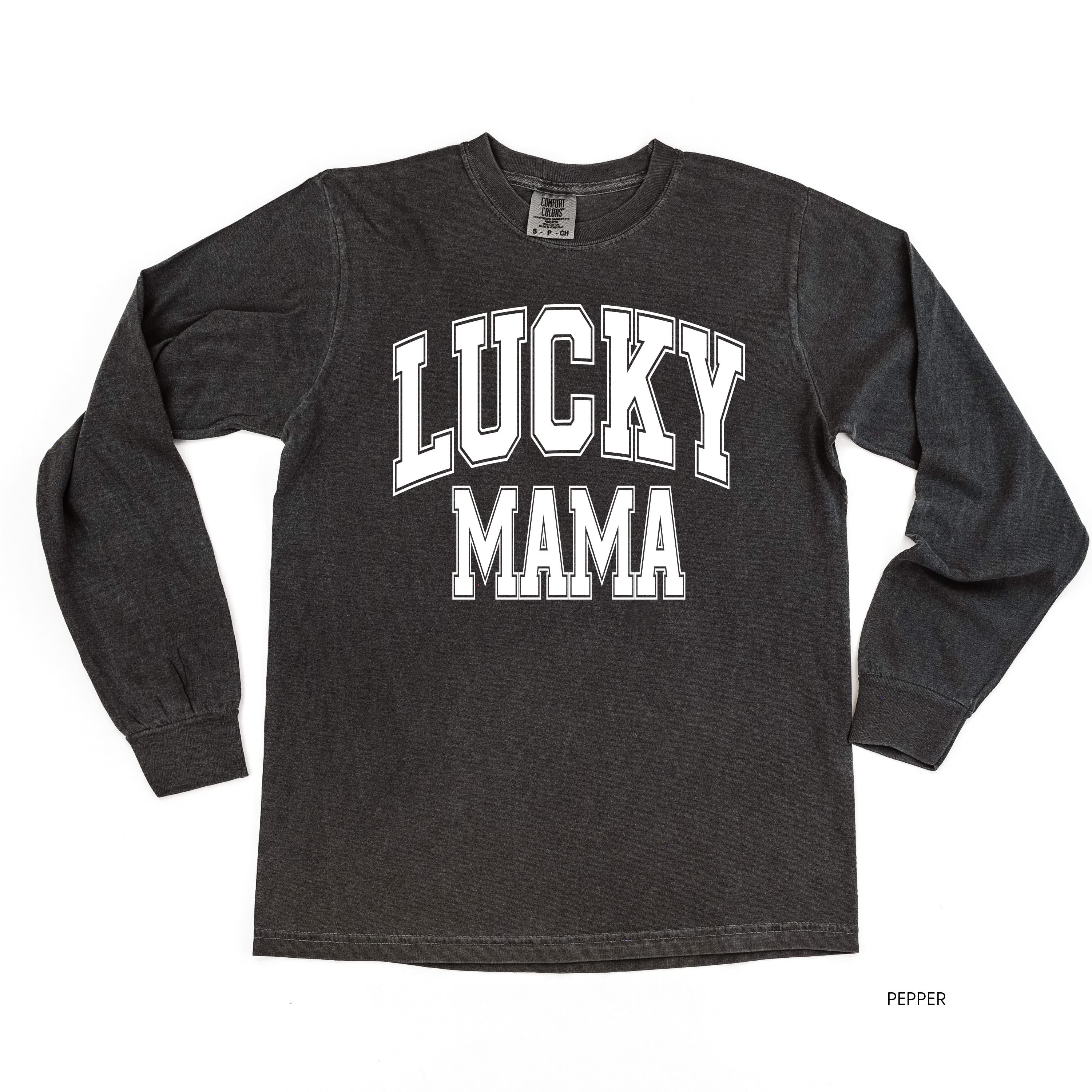 Lucky Mama - Varsity Outline - LONG SLEEVE Comfort Colors Tee Little Mama Shirt Shop