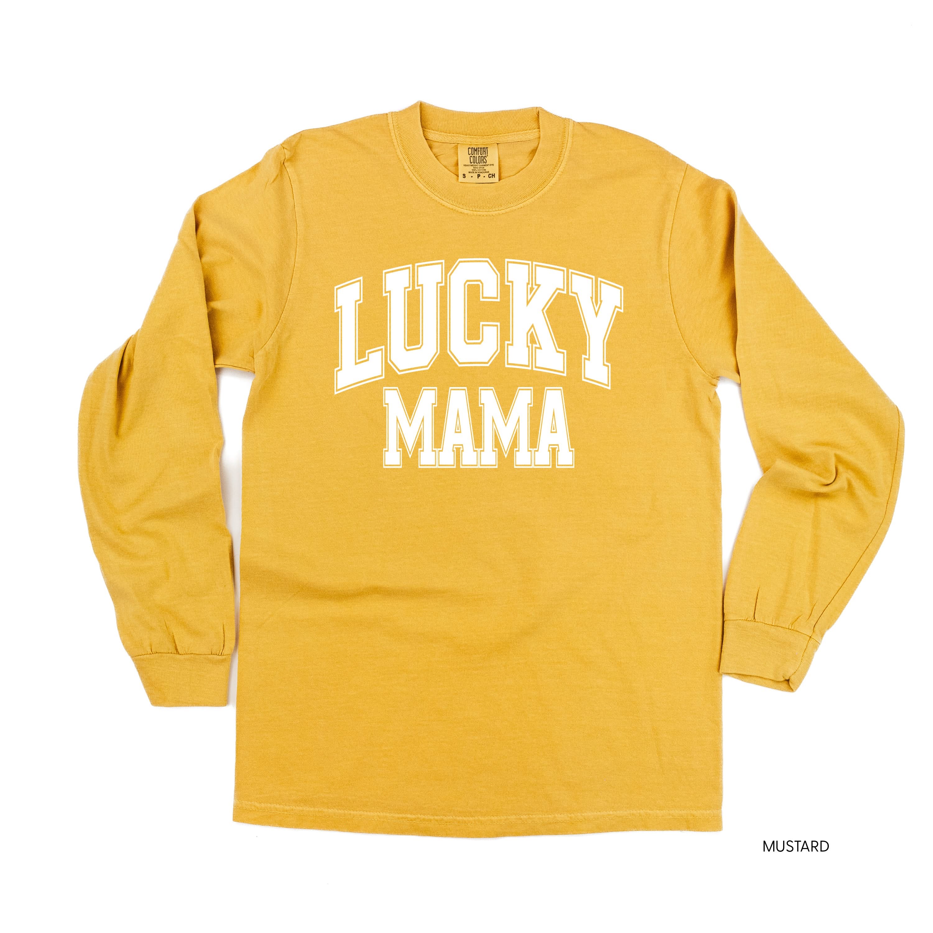 Lucky Mama - Varsity Outline - LONG SLEEVE Comfort Colors Tee Little Mama Shirt Shop
