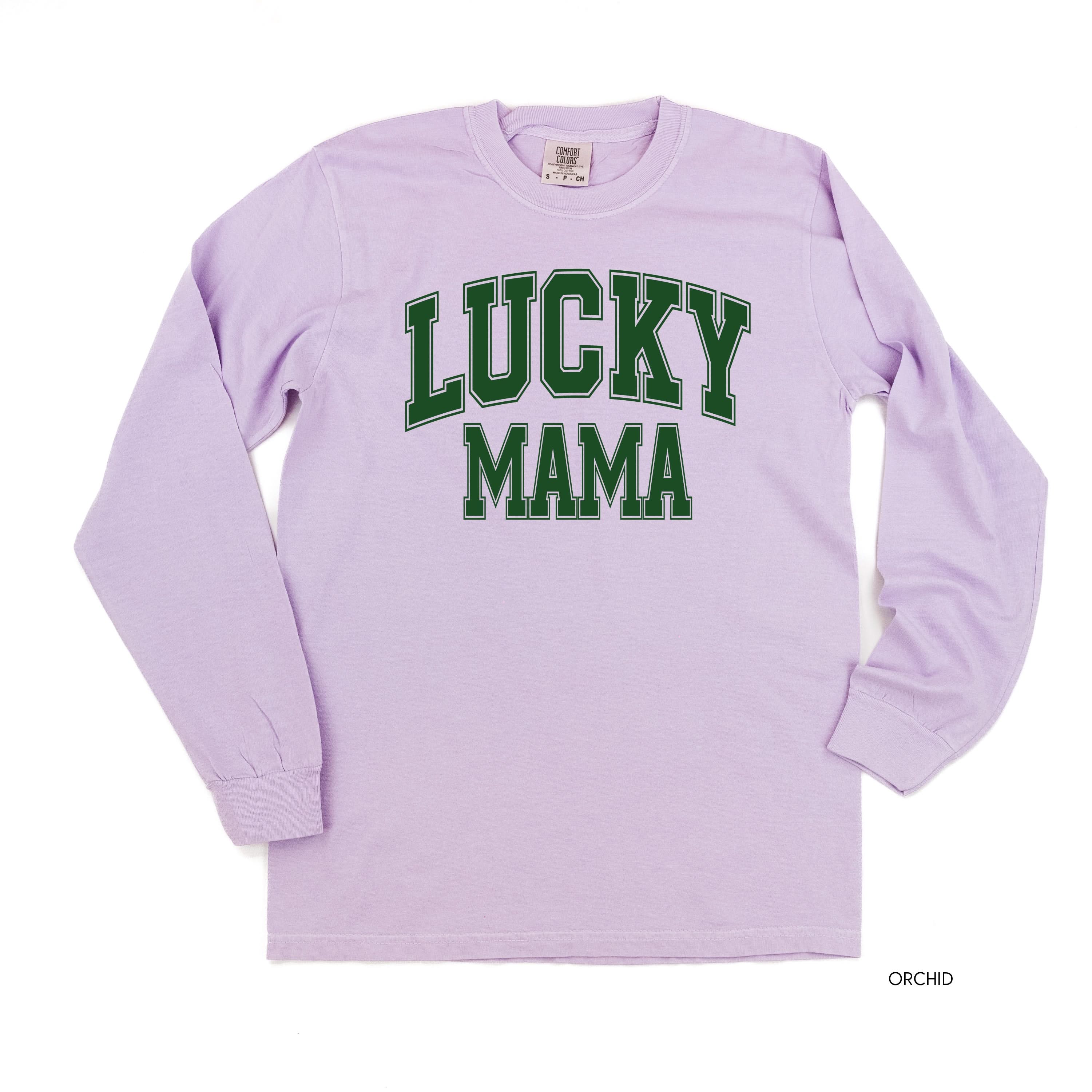 Lucky Mama - Varsity Outline - LONG SLEEVE Comfort Colors Tee Little Mama Shirt Shop