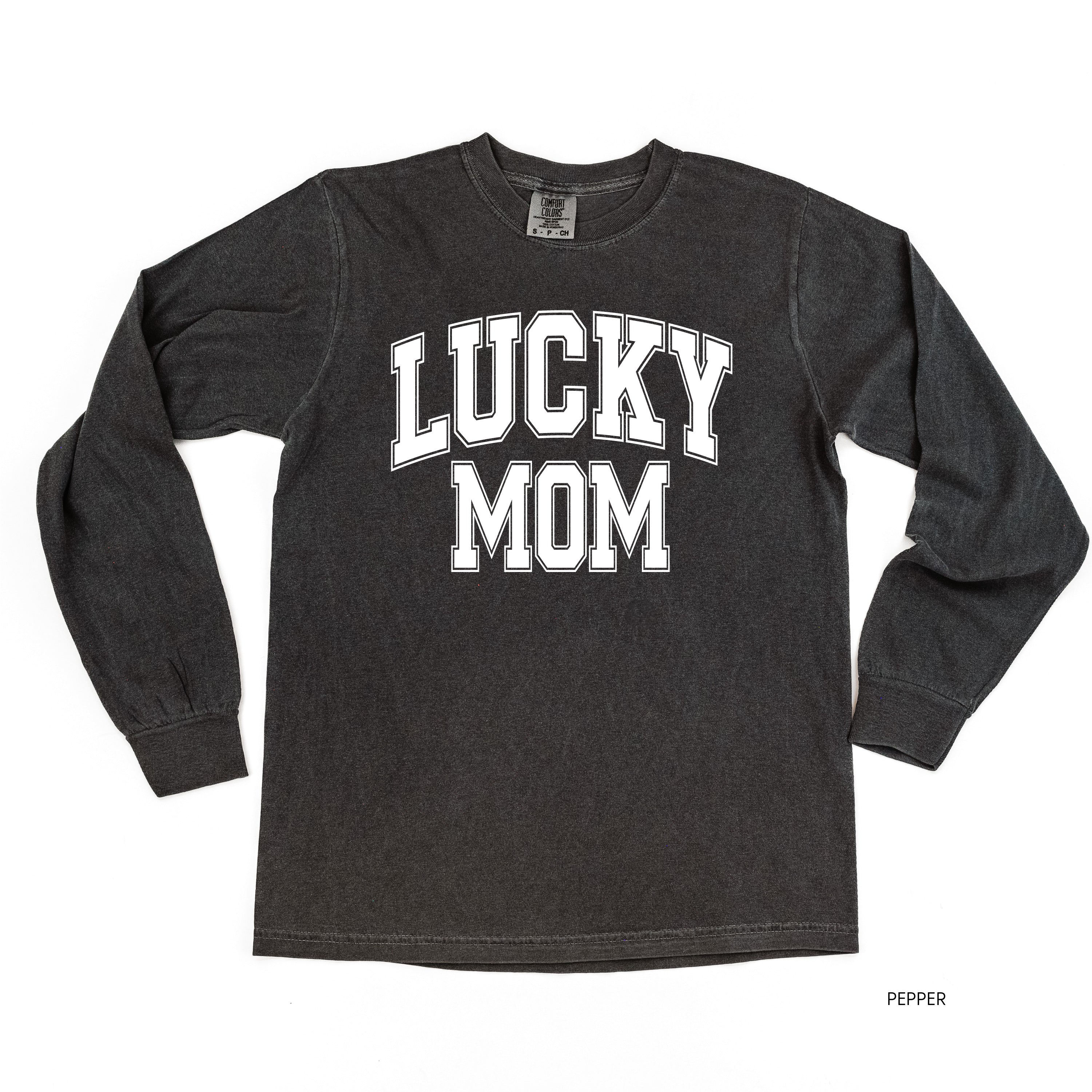 Lucky Mom - Varsity Outline - LONG SLEEVE Comfort Colors Tee Little Mama Shirt Shop