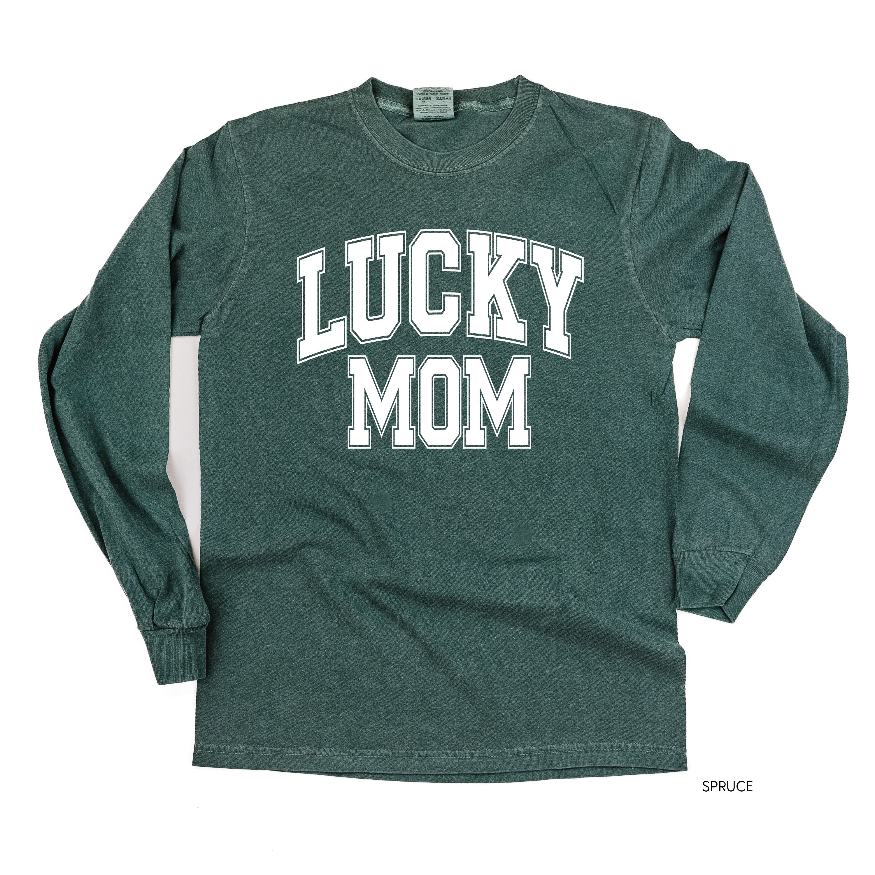 Lucky Mom - Varsity Outline - LONG SLEEVE Comfort Colors Tee Little Mama Shirt Shop