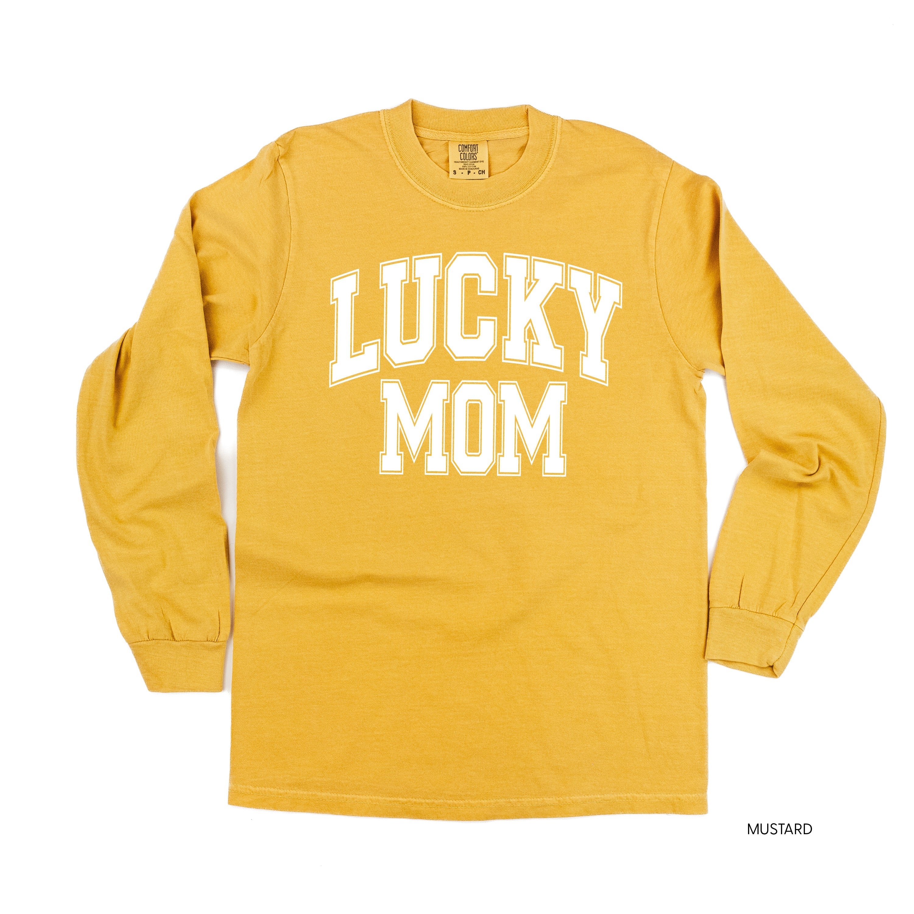 Lucky Mom - Varsity Outline - LONG SLEEVE Comfort Colors Tee Little Mama Shirt Shop