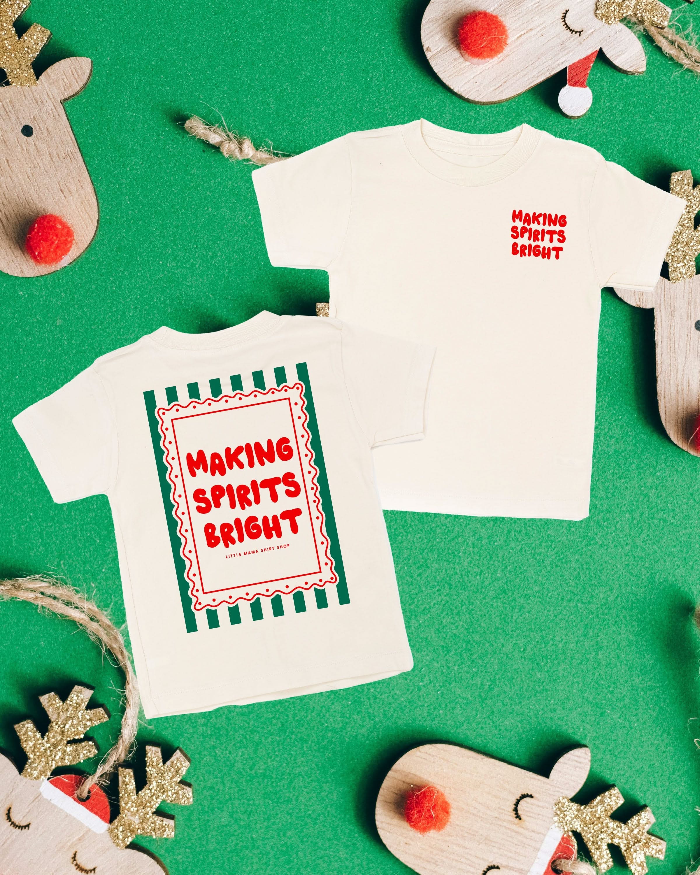Child natural tee with 'making spirits bright' graphic, shown on flat lay – Little Mama Shirt Shop