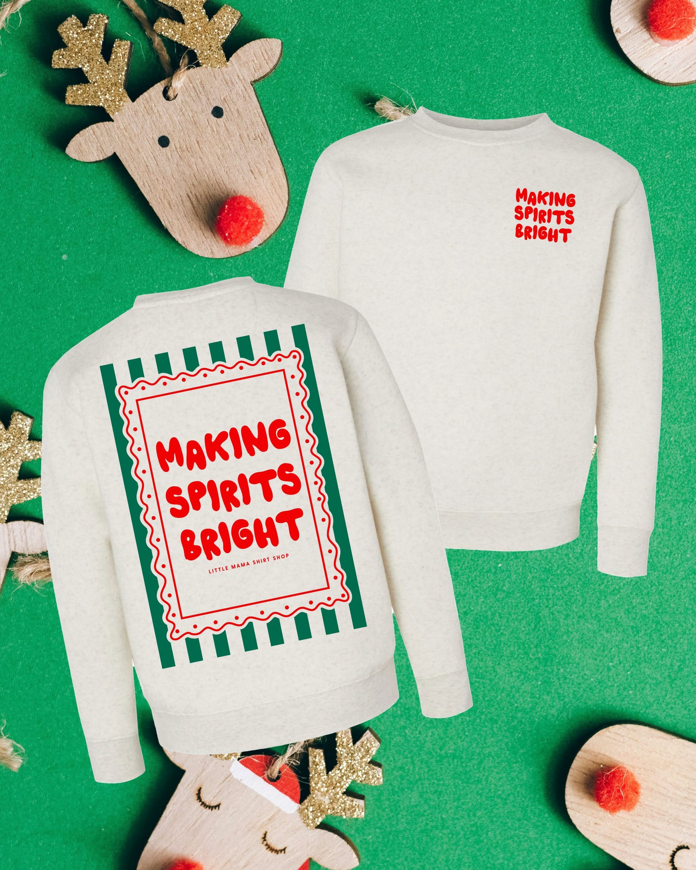 Child natural heather sweater with 'making spirits bright' graphic, shown on flat lay – Little Mama Shirt Shop