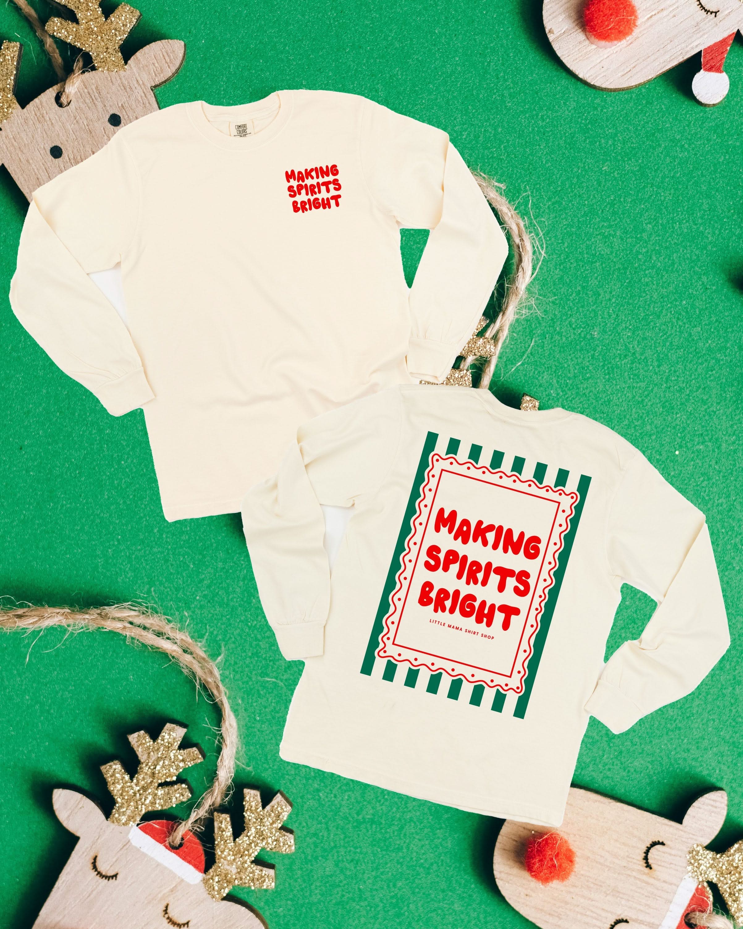 Adult ivory comfort colors long sleeve tee with 'making spirits bright' graphic, shown on flat lay – Little Mama Shirt Shop