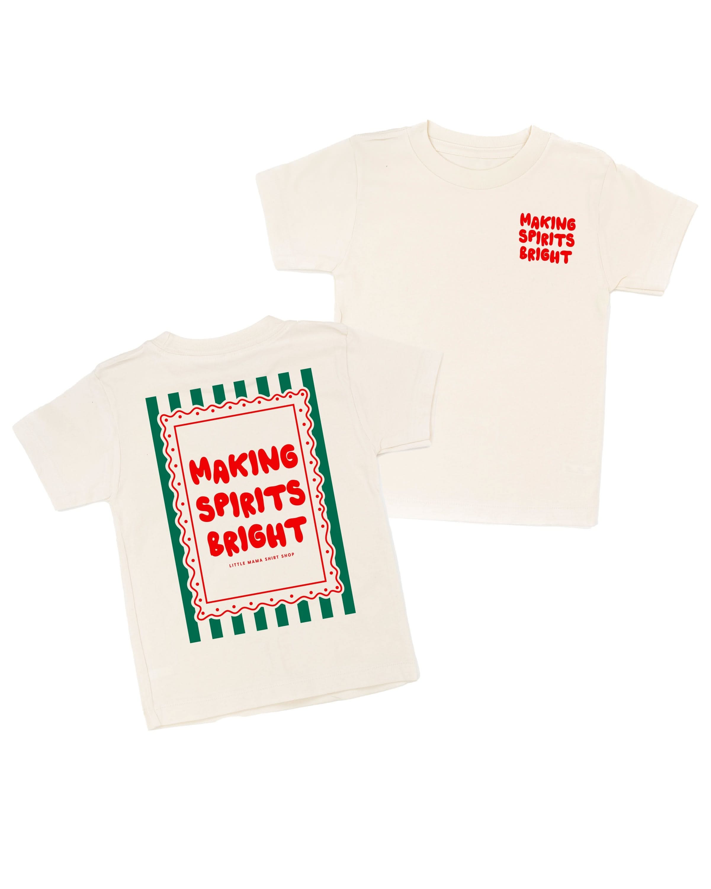 Child natural tee with 'making spirits bright' graphic, shown on flat lay – Little Mama Shirt Shop
