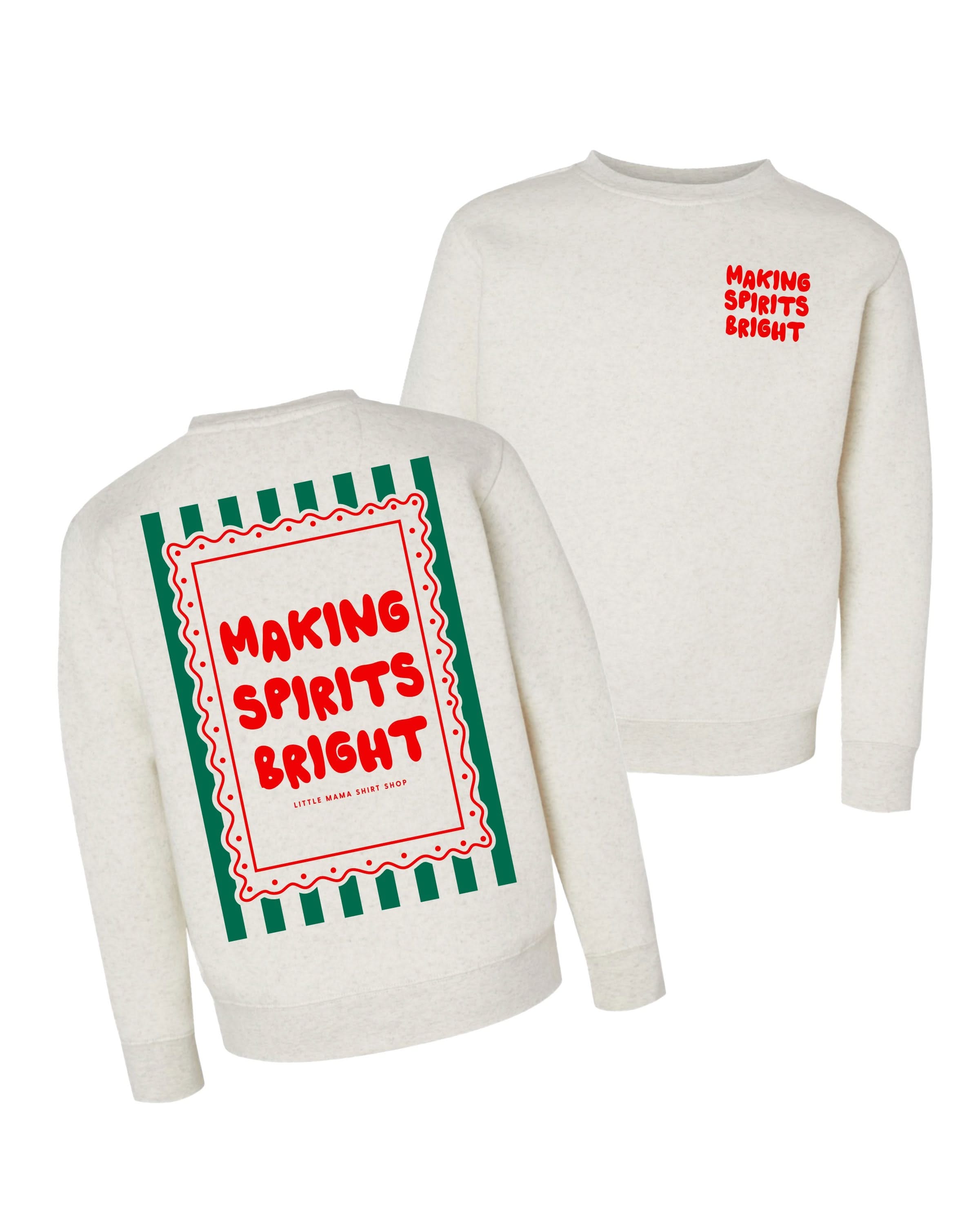 Child natural sweater with 'making spirits bright' graphic, shown on flat lay – Little Mama Shirt Shop