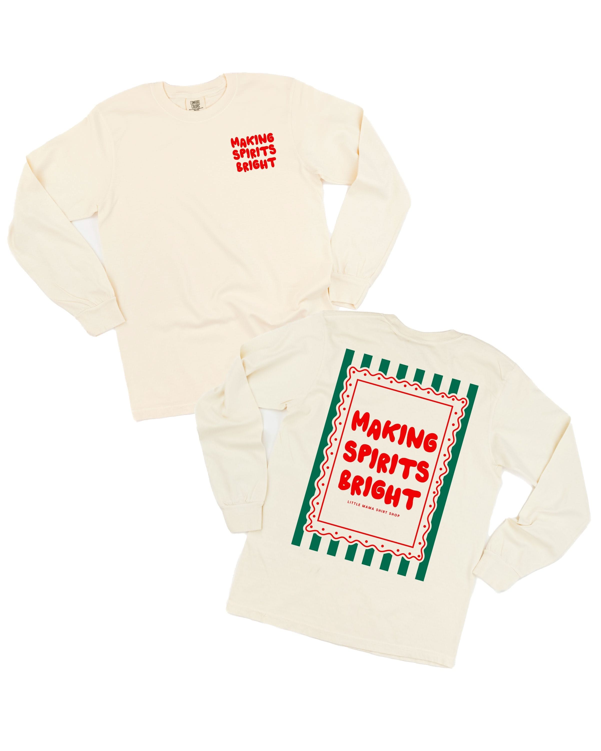 Adult ivory comfort colors long sleeve tee with 'making spirits bright' graphic, shown on flat lay – Little Mama Shirt Shop