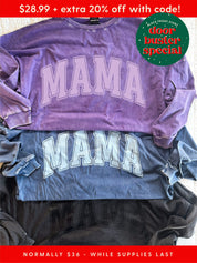 Oversized Big Tee with “MAMA” graphic in purple, washed denim, and black on flatlay - Little Mama Shirt Shop