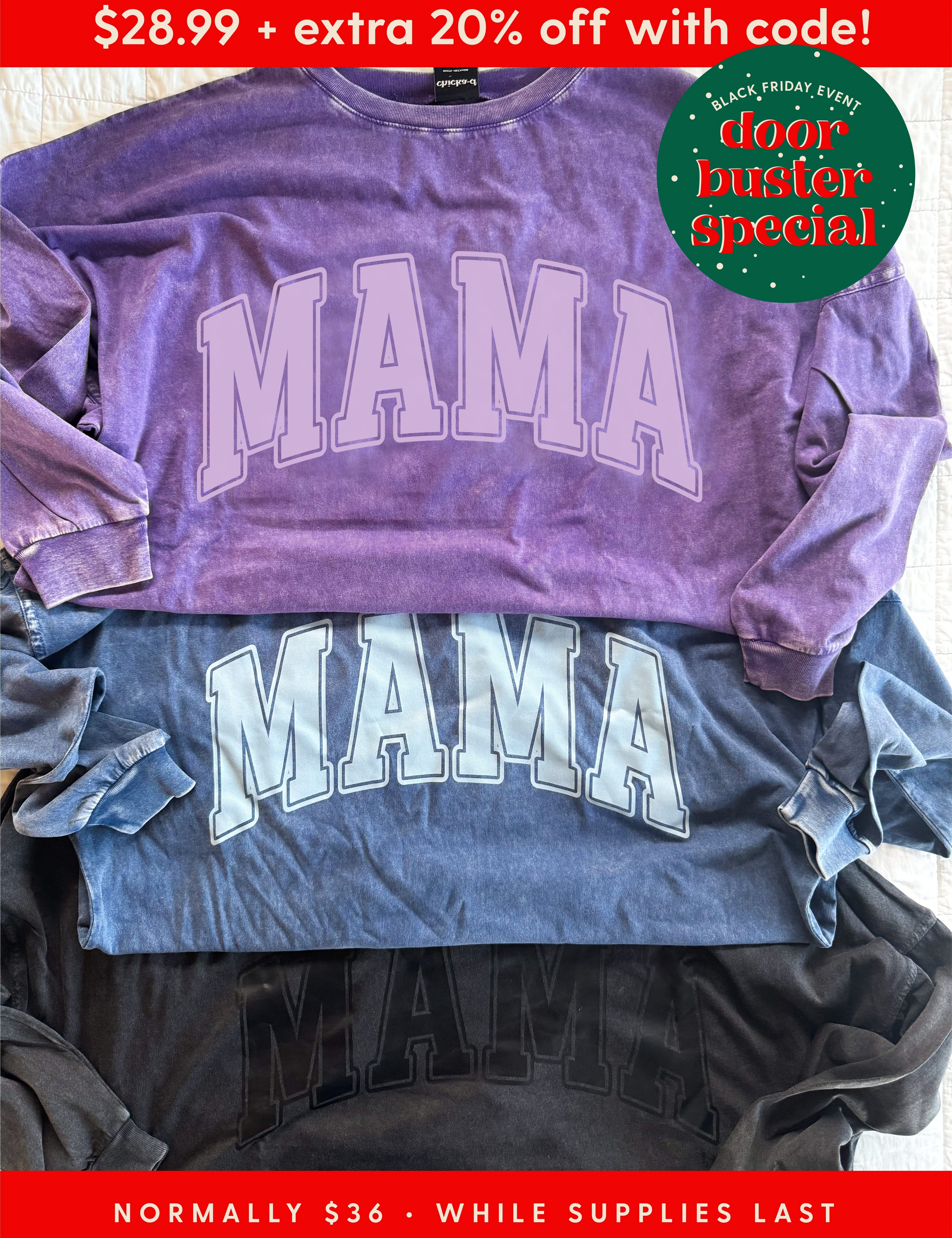 Oversized Big Tee with “MAMA” graphic in purple, washed denim, and black on flatlay - Little Mama Shirt Shop
